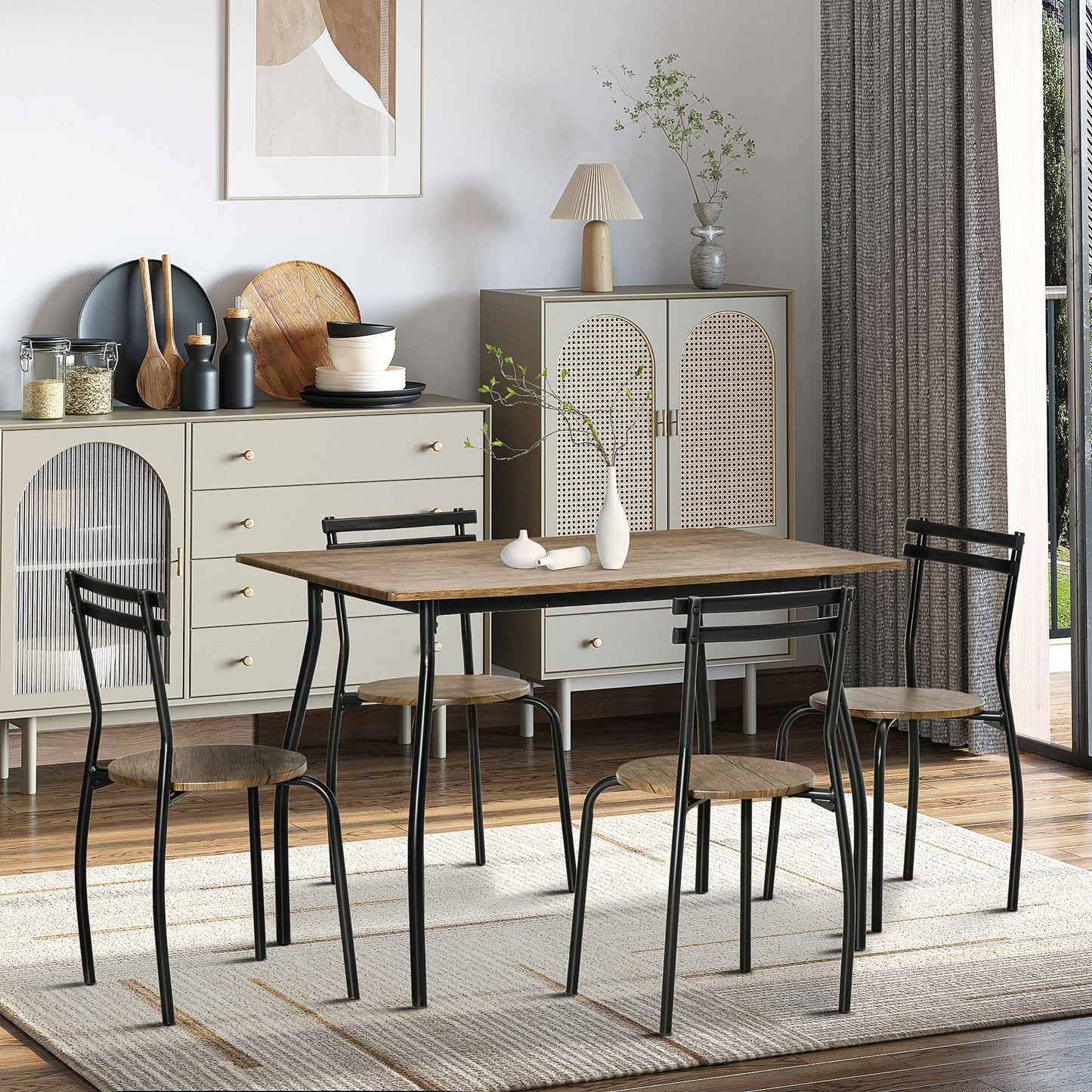 Industrial Dining Table Set for 4, Kitchen Table with 4 Chairs Steel Frame for Small Space, Dark Walnut