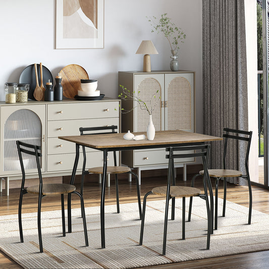 Industrial Dining Table Set for 4, Kitchen Table with 4 Chairs Steel Frame for Small Space, Dark Walnut