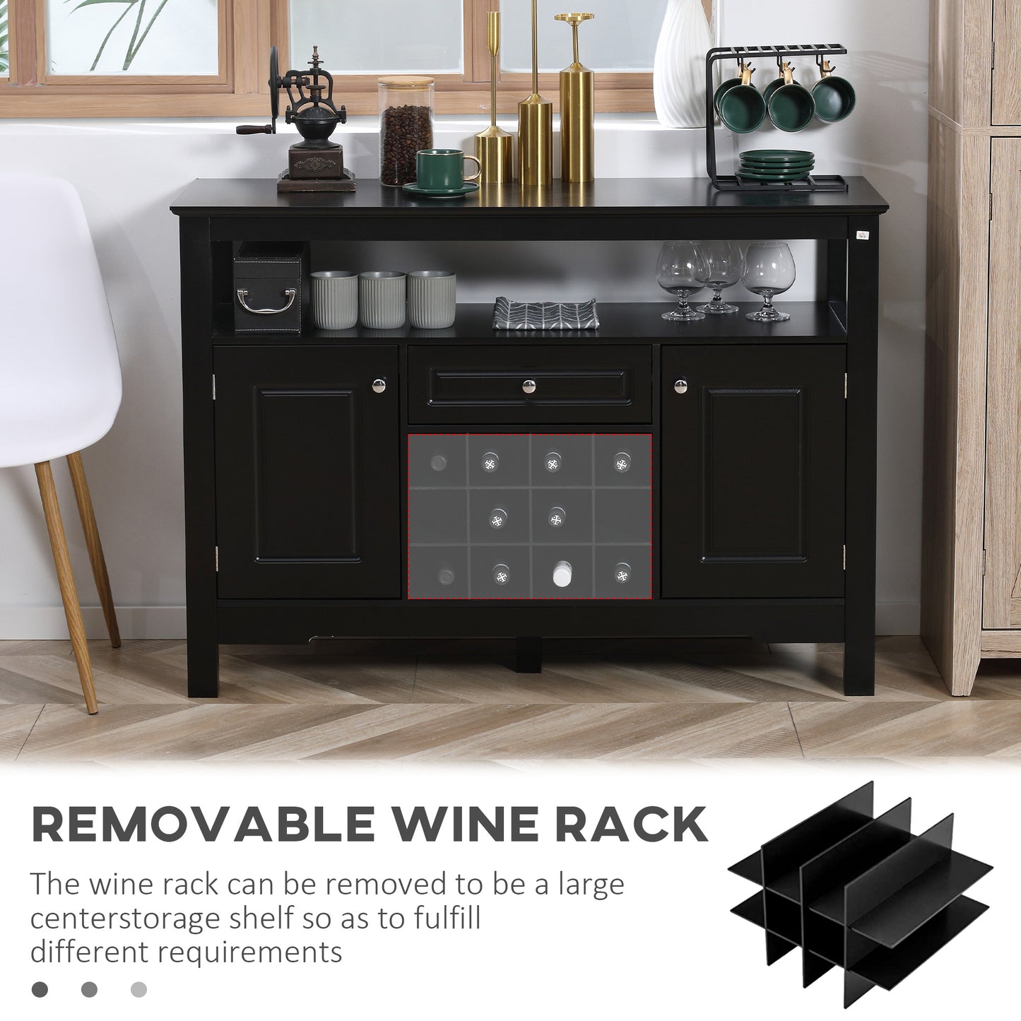 Sideboard Buffet Credenza Storage Cabinet with Drawer and Removable Wine Rack for Kitchen, Living Room, Black