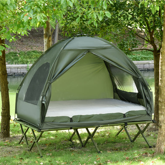 Outsunny All in 1 Camping Combo Portable Folding Camping Tent Cot Air Mattress with Carry Bag and Pump Hiking Shelter Sleeping Bed, Dark Green