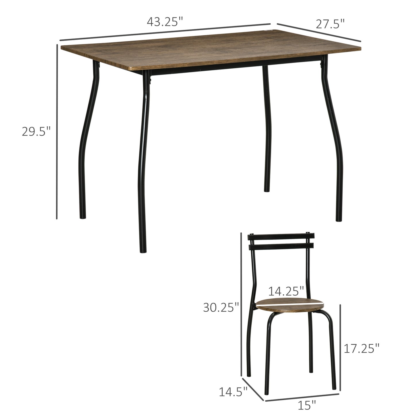 Industrial Dining Table Set for 4, Kitchen Table with 4 Chairs Steel Frame for Small Space, Dark Walnut