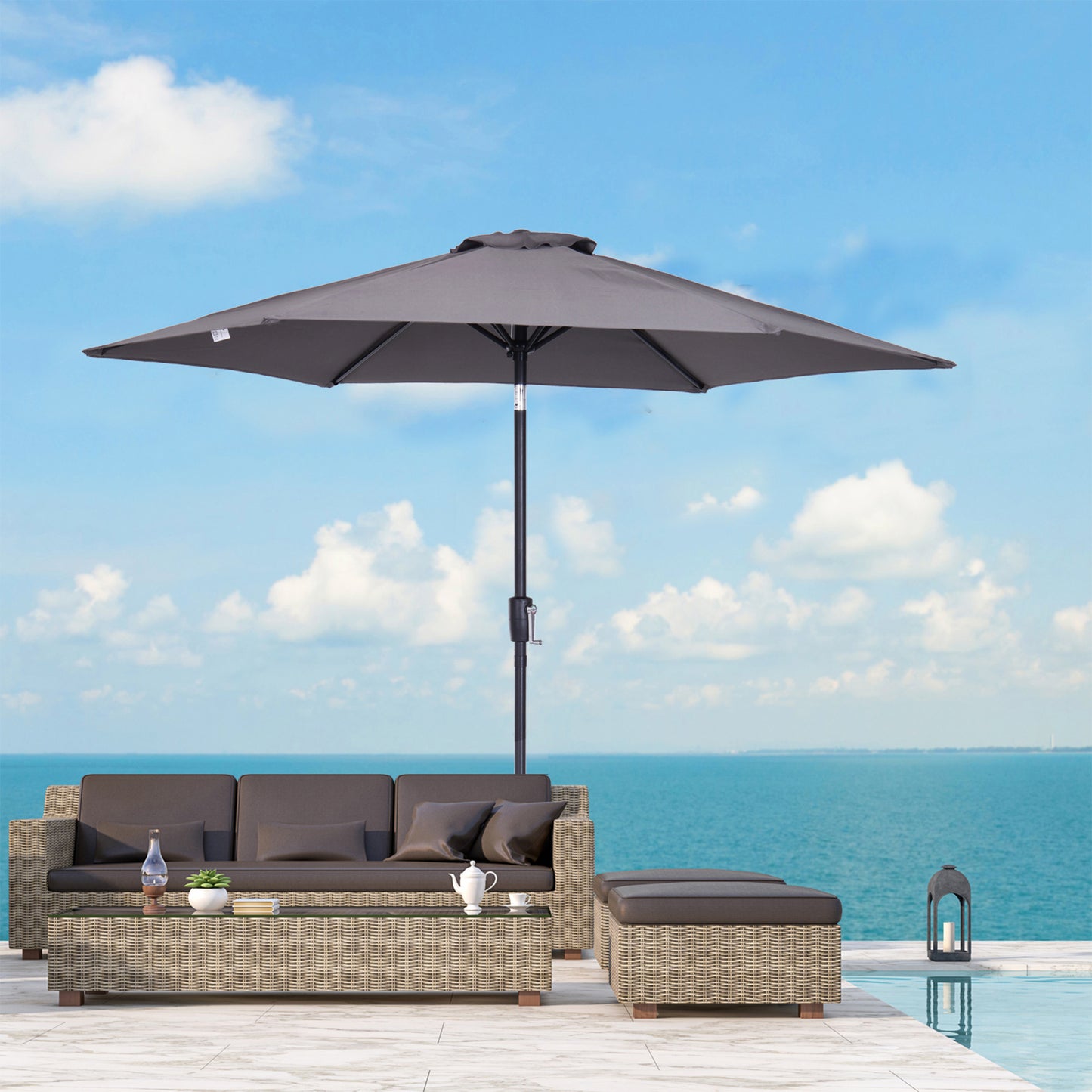 Outsunny 9' Round Aluminum Patio Umbrella 6 Ribs Market Sunshade Tilt Canopy w/ Crank Handle Garden Parasol Grey