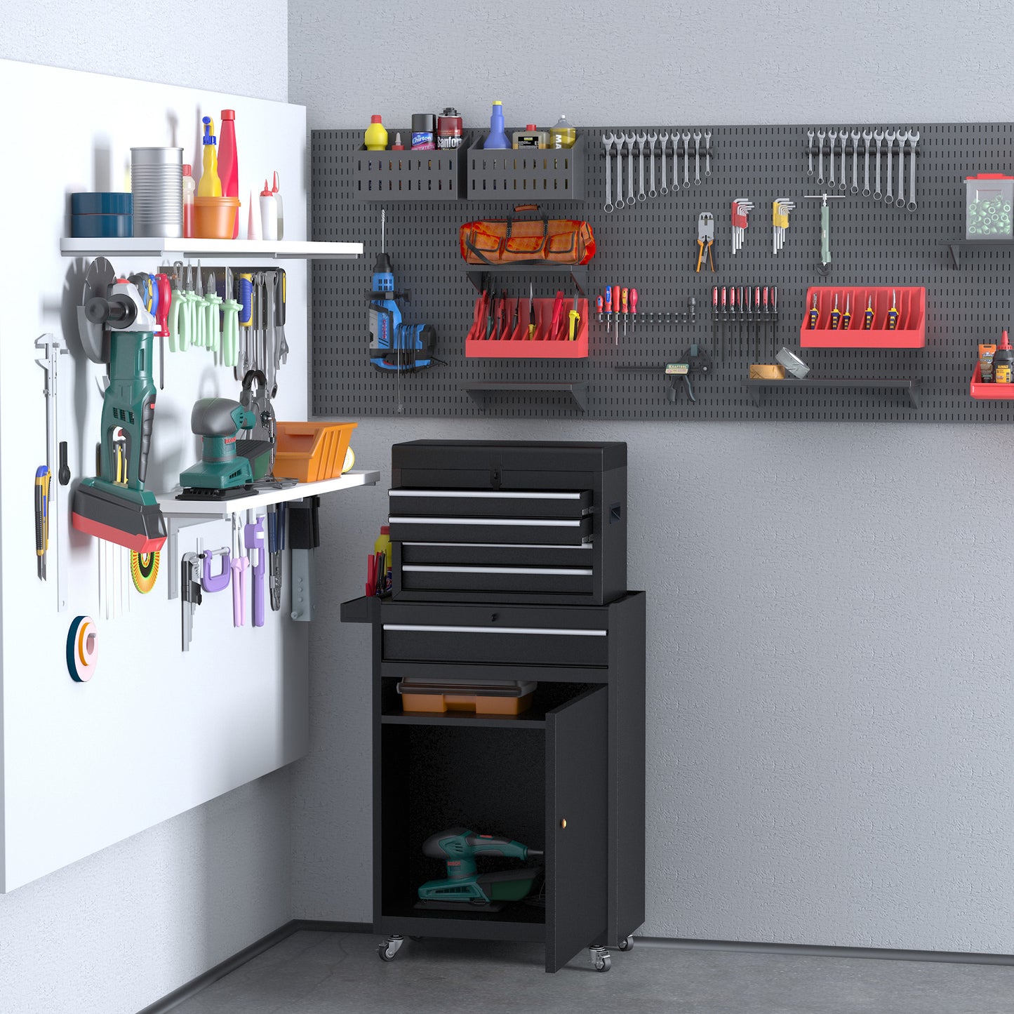 Rolling Tool Cabinet 2 in 1 Top Chest Storage Box 5 Drawers with Pegboard and Adjustable Shelf, Black