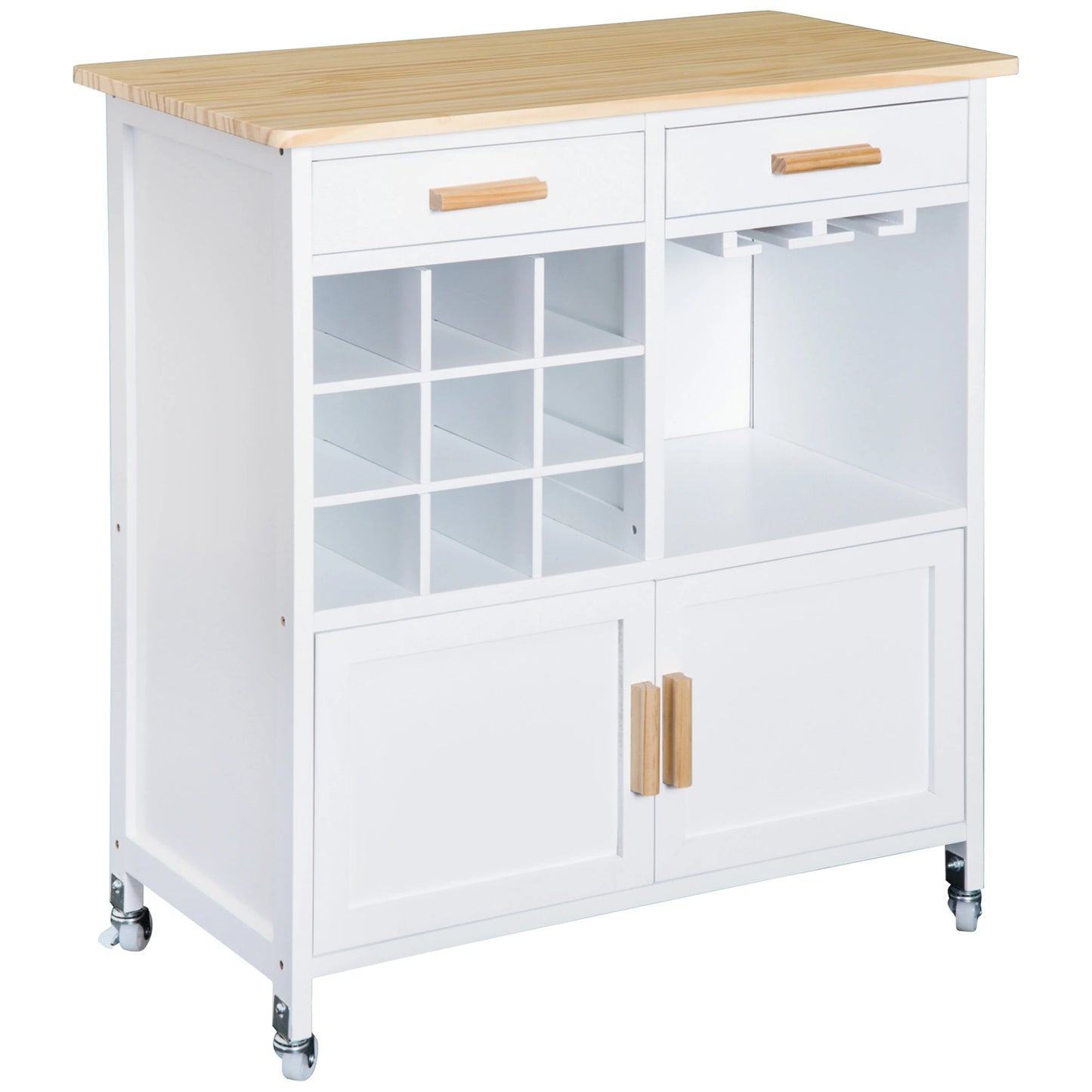 Portable Kitchen Trolley with Bamboo Top Storage Cabinet and Wine Rack (White)