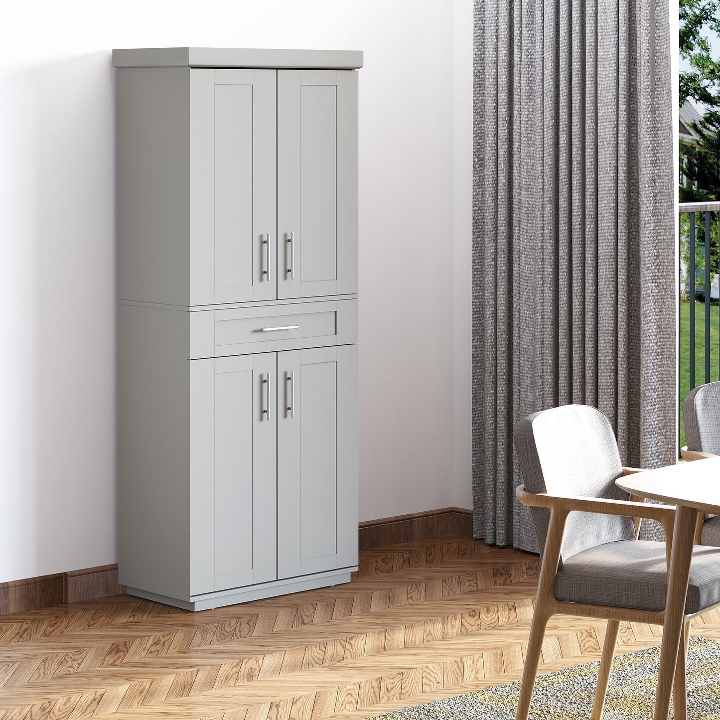 Modern Kitchen Pantry Freestanding Cabinet Cupboard with Doors and Shelves, Adjustable Shelving, Grey