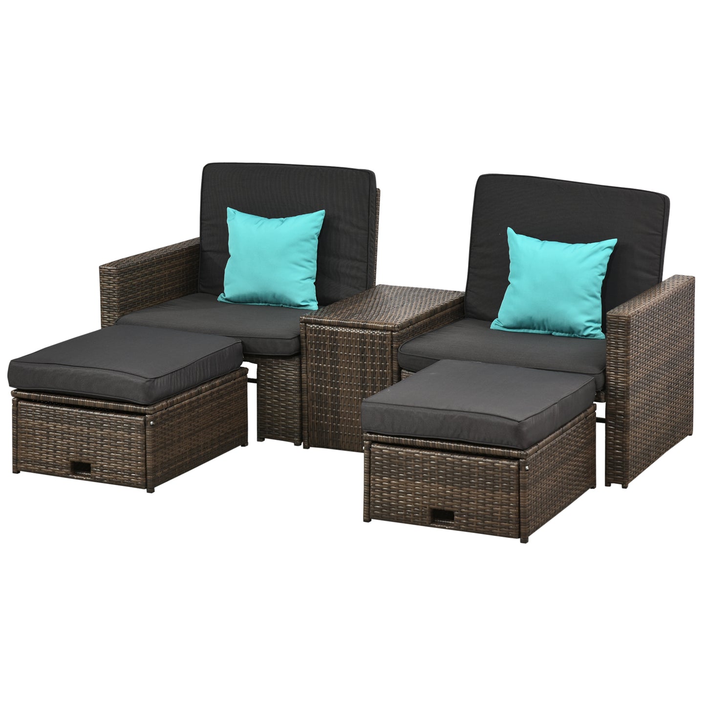 Outsunny 5pcs Patio Rattan Wicker Sofa Set Adjustable Chaise lounge Furniture w/ Coffee Table & Ottoman for Patios, Garden, Backyard, Deep Grey