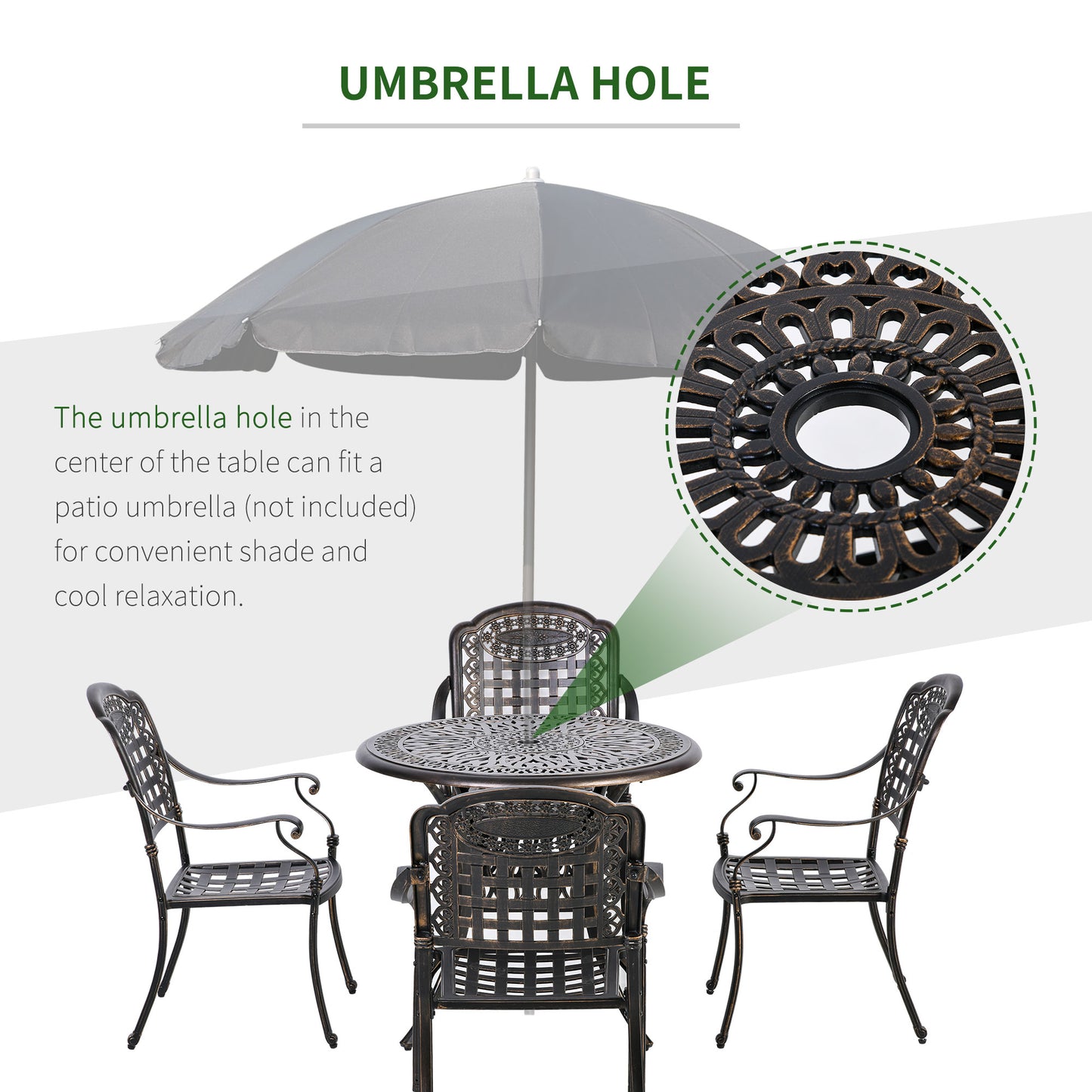 Outsunny 5-Piece Outdoor Patio Dining Set with 4 Armchairs & 1 Table with Umbrella Hole Cast Aluminium