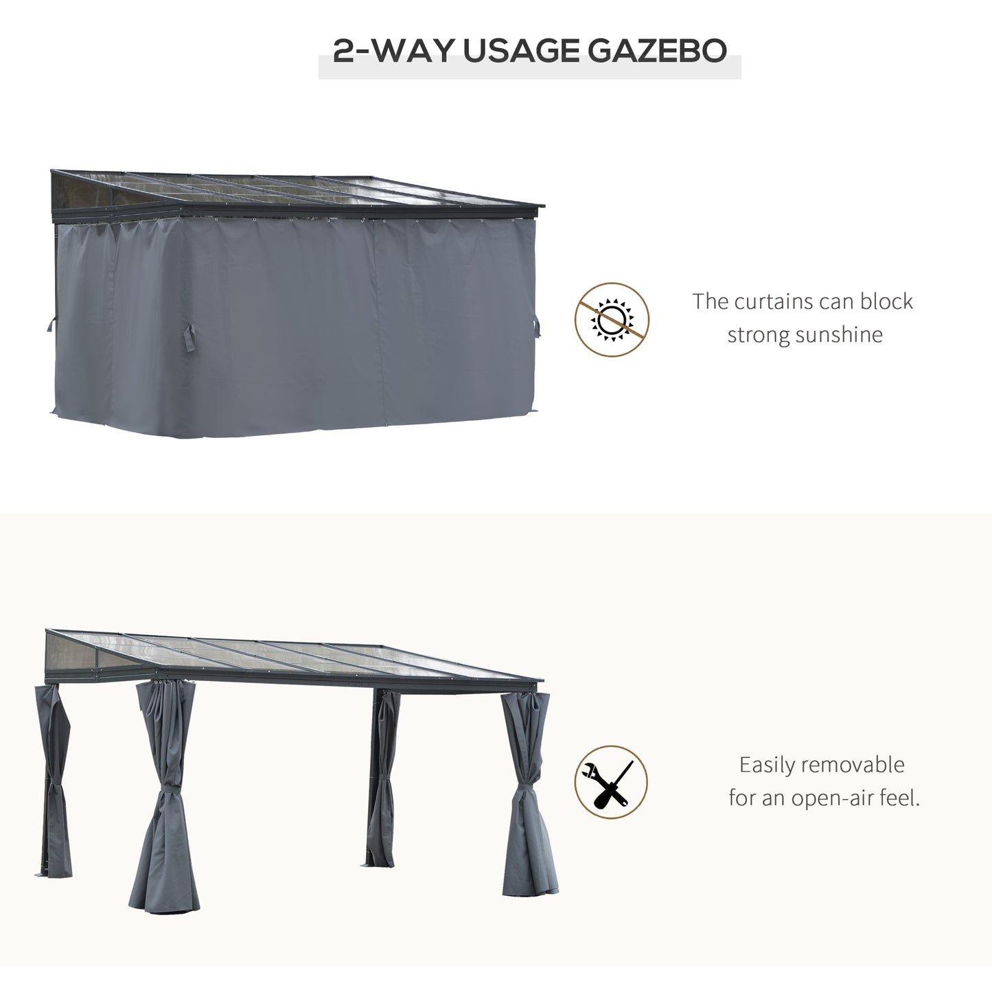 13' x 9.7' Outdoor Hardtop Pergola PC Roof Gazebo Party Tent Garden Sun Shelter Waterproof and UV protection with Curtains, Grey