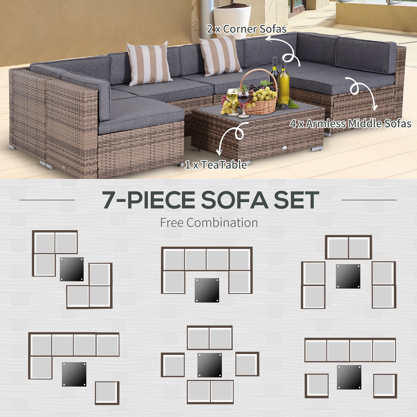 Outsunny 7-Piece Patio Furniture Sets Outdoor Wicker Conversation Sets All Weather PE Rattan Sectional sofa set, Grey