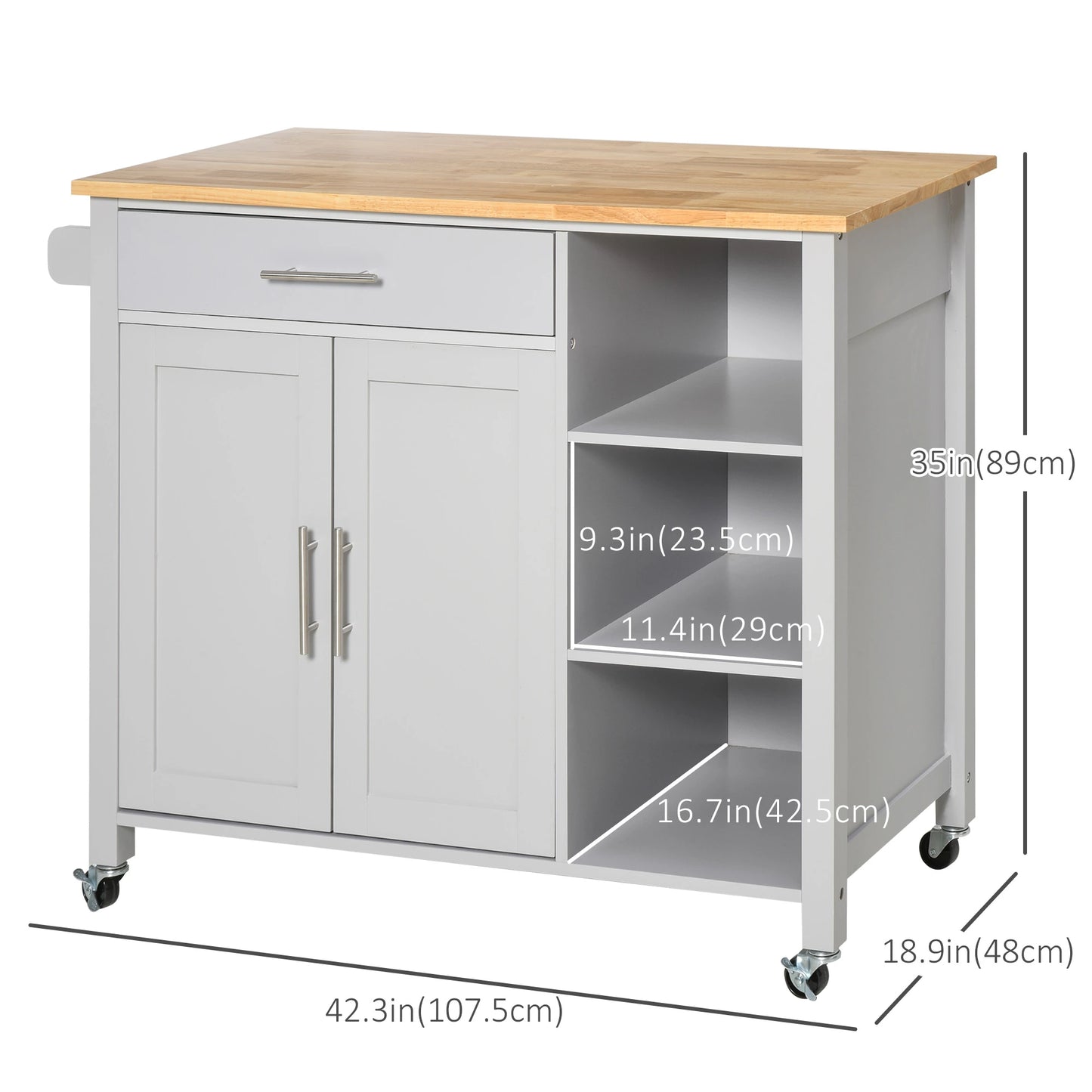 Wooden Rolling Kitchen Island on 360° Swivel Wheels Dining Cart with Drawer for Kitchen, Grey