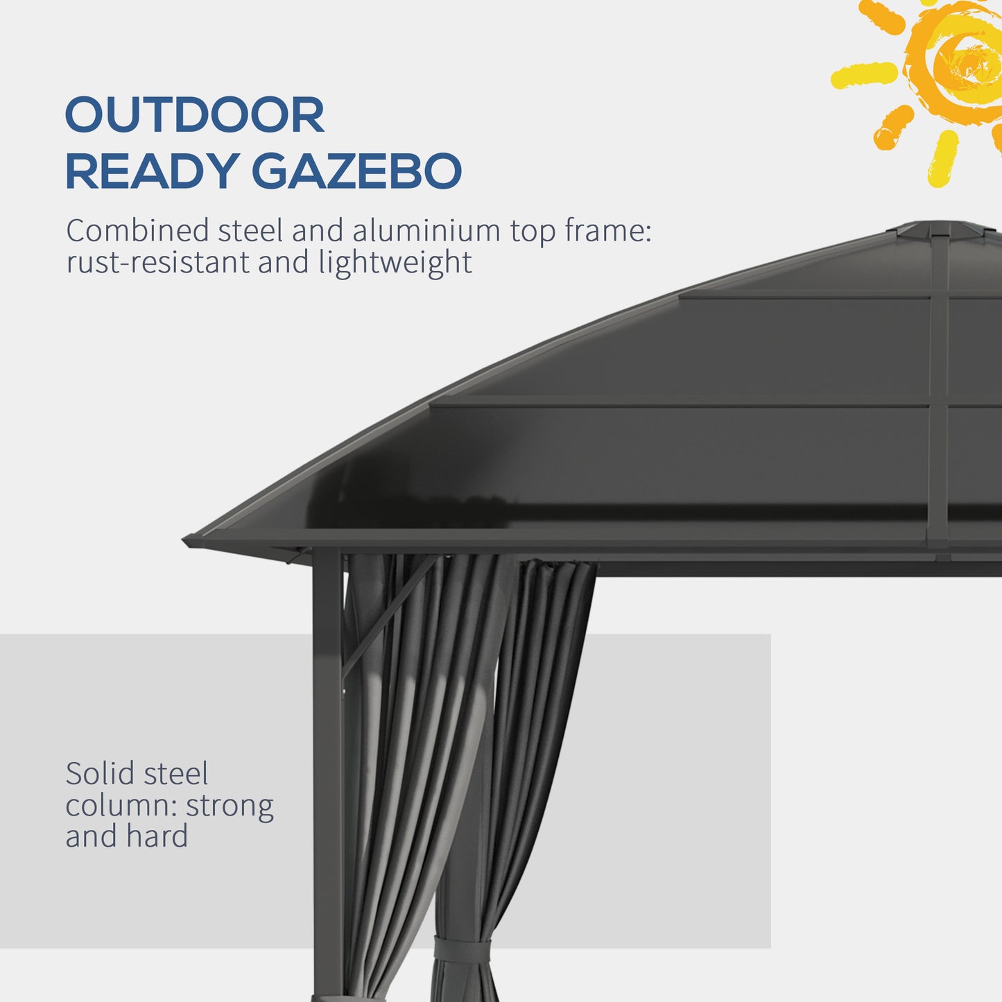 Outsunny 10' x 10' Outdoor Gazebo Canopy, Hardtop Gazebo with UV60+ Polycarbonate Roof, Solid Steel Frame, Central Hook, and Curtains, for Garden, Lawn, Backyard and Deck