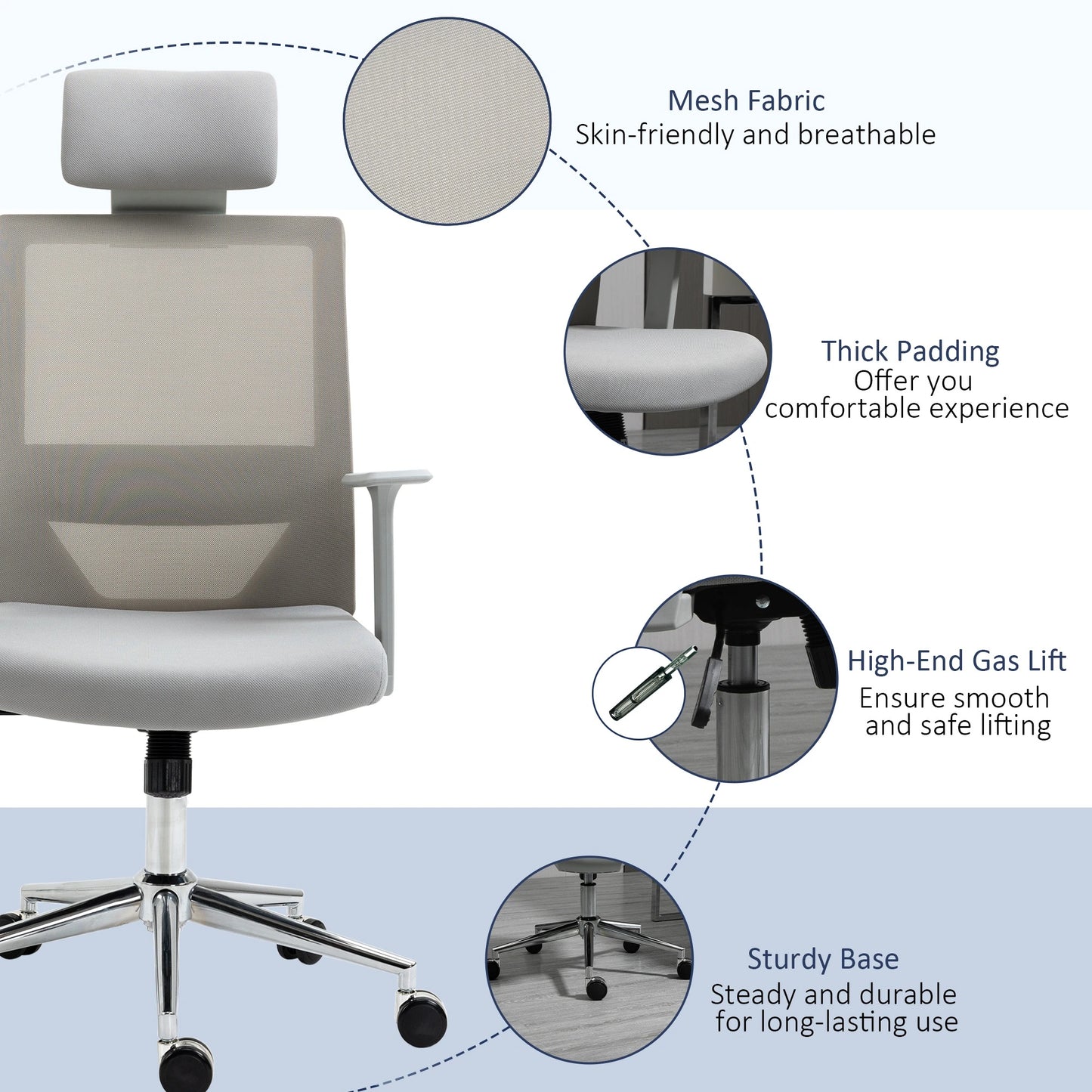 High Back Office Chair Swivel Task Chair with Lumbar Back Support, Breathable Mesh, and Adjustable Height, Headrest, Grey