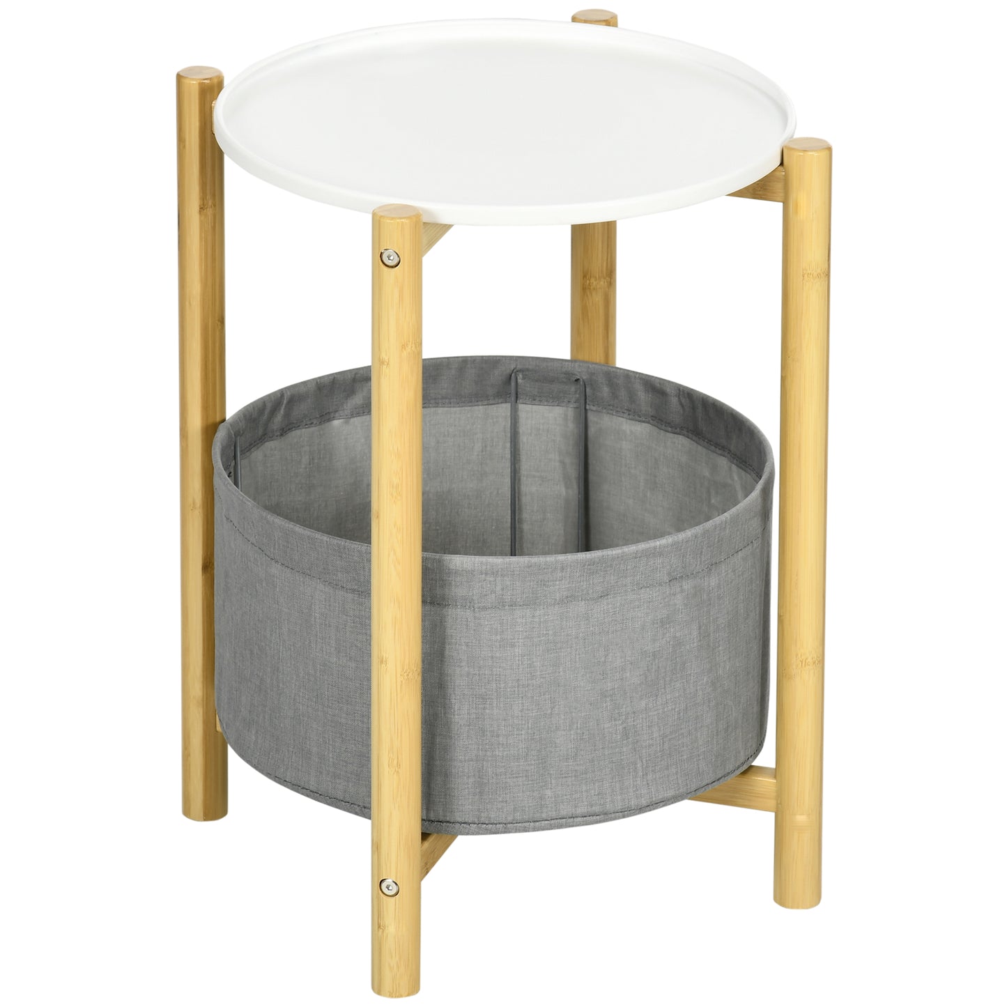 Round Side Table with Detachable Tray Top and Fabric Storage Basket, End Table with Bamboo Frame