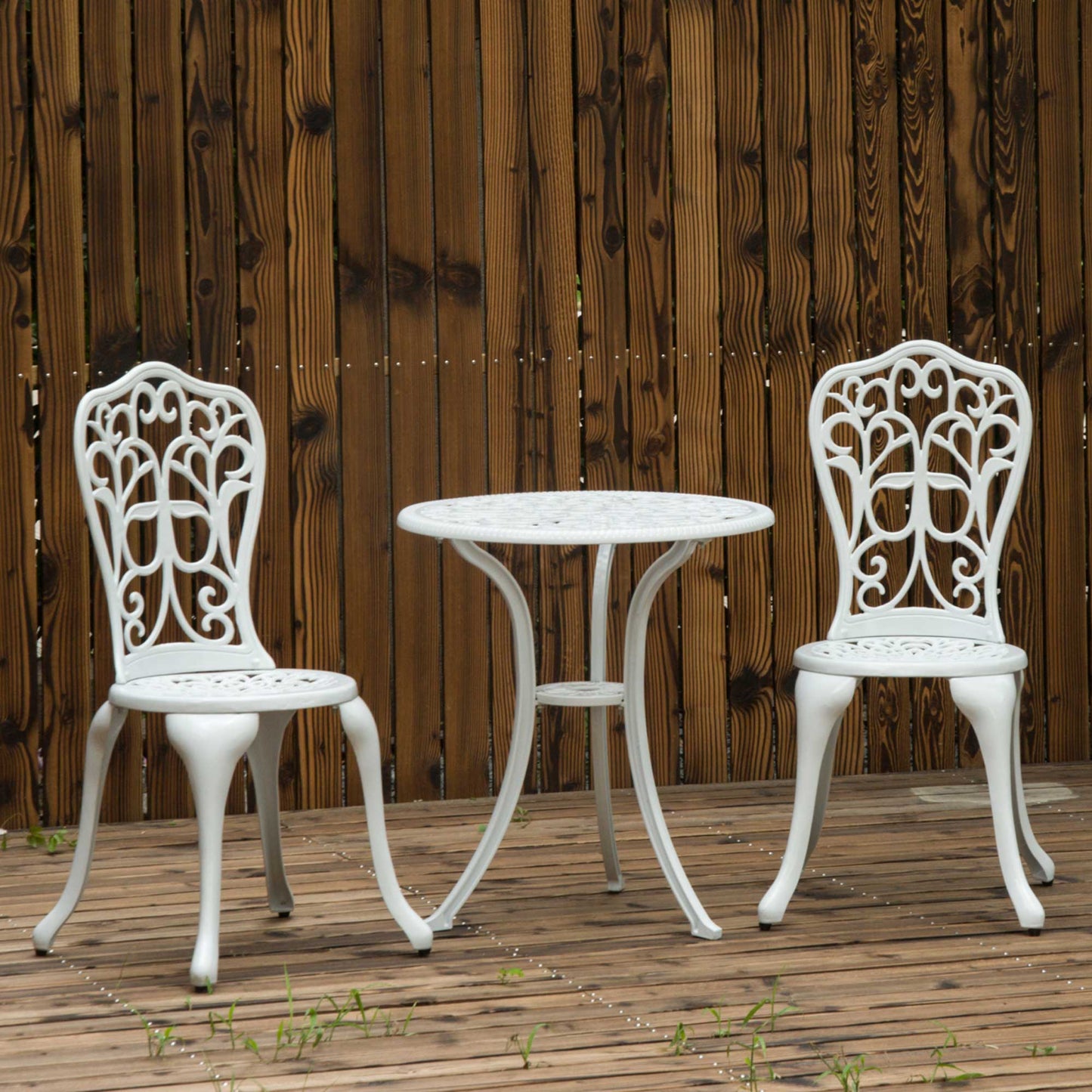 Outsunny 3 Pieces Antique Outdoor Bistro Set for 2 Patio Table and Chairs Set with Umbrella Hole White