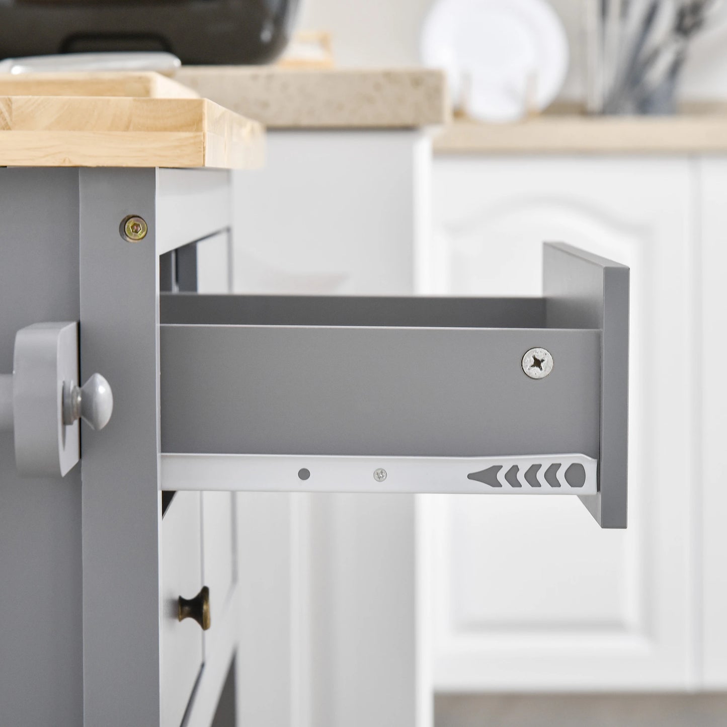 Utility Kitchen Cart Rolling Kitchen Island Storage Trolley with Rubberwood Top, 2 Drawers, Towel Rack, Grey