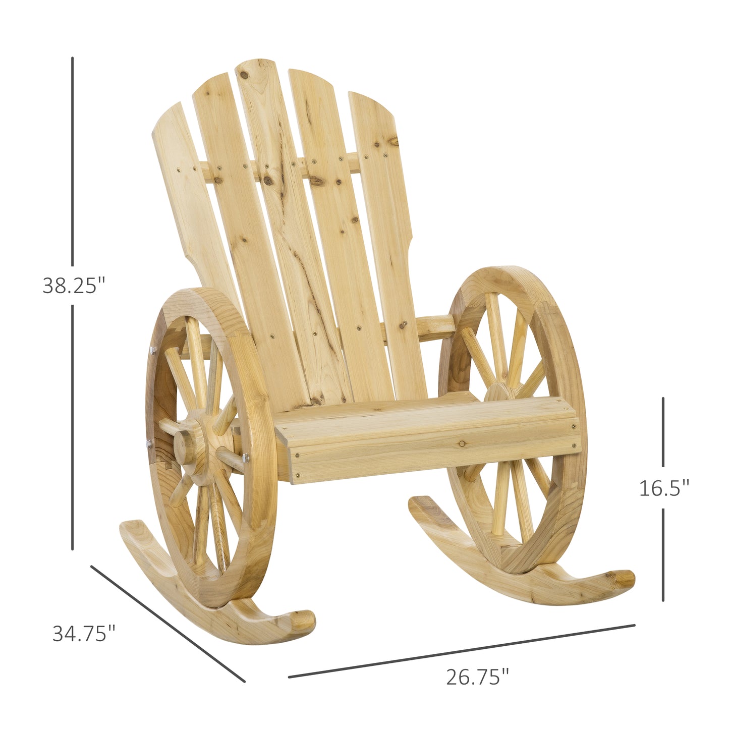 Patio Wooden Adirondack Rocking Chair, Wagon Outdoor Rocker Cahir with Slatted Design and Wheel Armrests for Porch, Poolside, or Garden Lounging, Natural