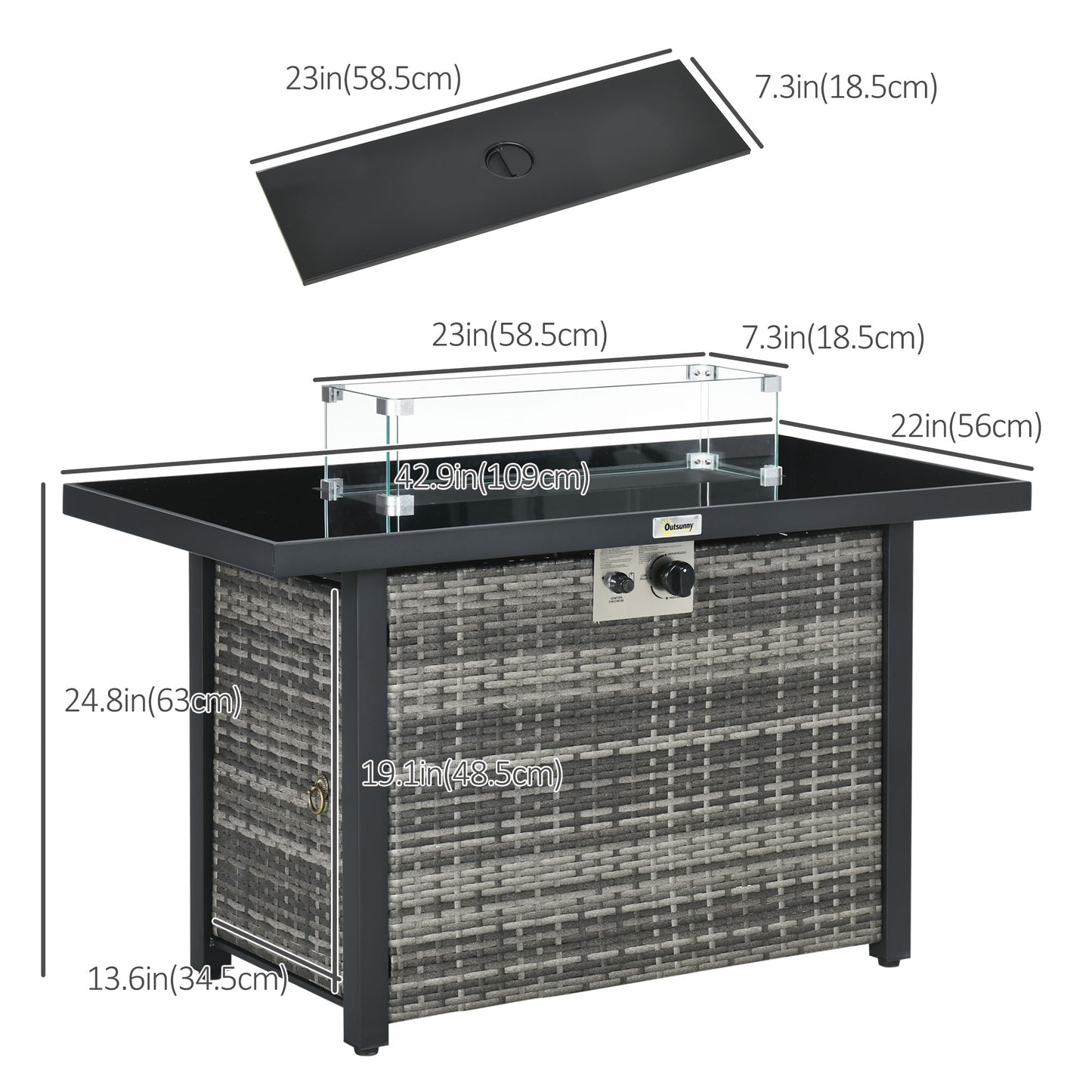 Outsunny Propane Fire Pit Table 43in Outdoor Square Fire Table, 50,000 BTU Pulse-Ignition Wicker Firepit Furniture with Glass Wind Guard, Blue Glass Rock, CSA Certification, Gray