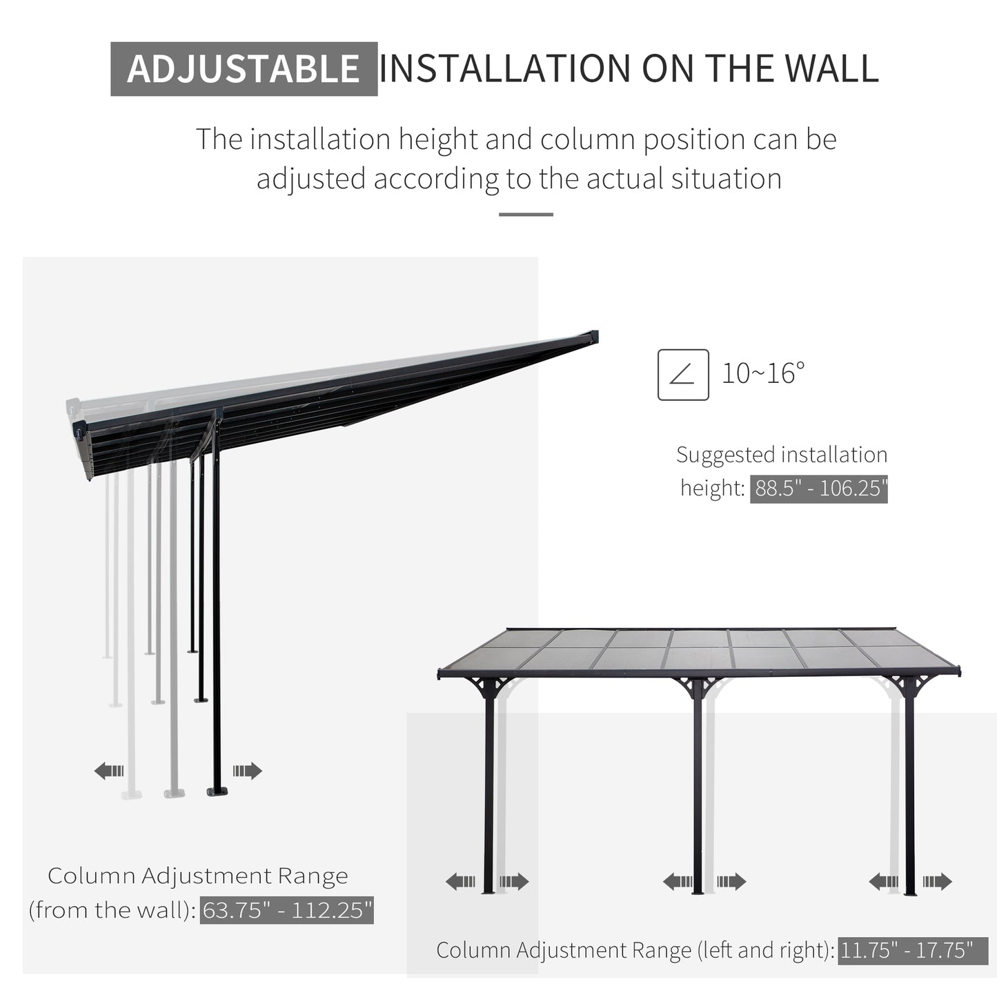 14.5' x 10' Outdoor Hardtop Pergola Polycarbonate Roof Gazebo with Adjustable Height, Aluminum Frame, and UV Protection, Grey