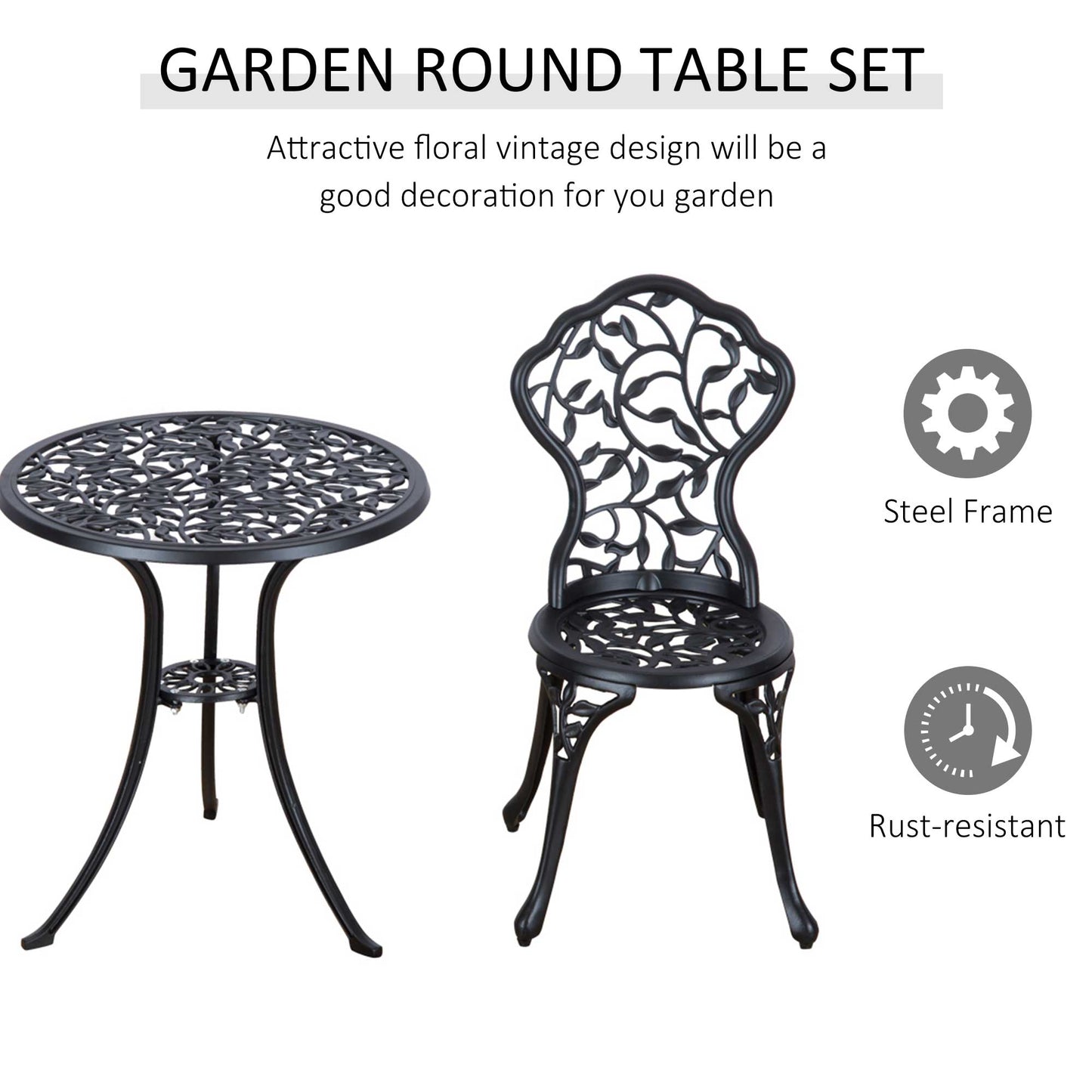 Outsunny 3pcs Patio Bistro Set with Umbrella Hole, Antique Style Garden Coffee Set, Outdoor Bistro Dining Set, Black