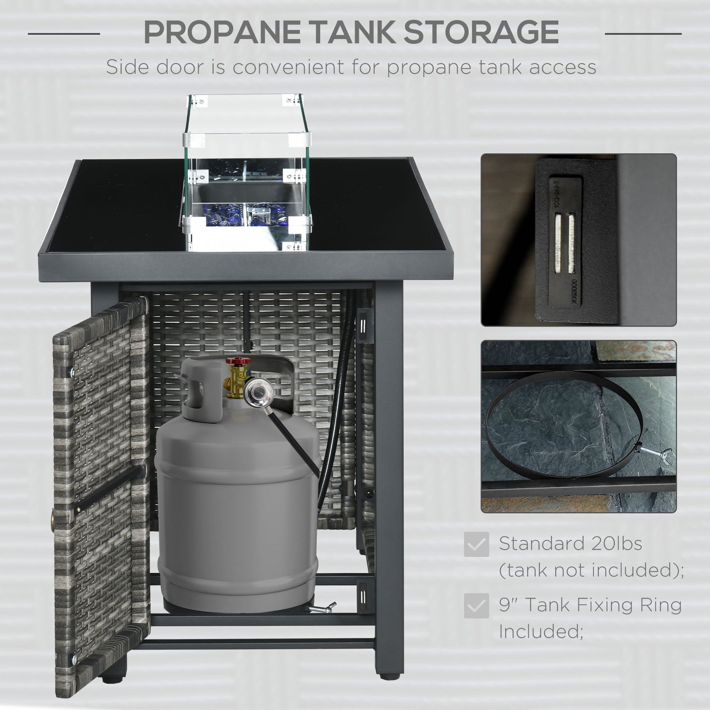 Outsunny Propane Fire Pit Table 43in Outdoor Square Fire Table, 50,000 BTU Pulse-Ignition Wicker Firepit Furniture with Glass Wind Guard, Blue Glass Rock, CSA Certification, Gray