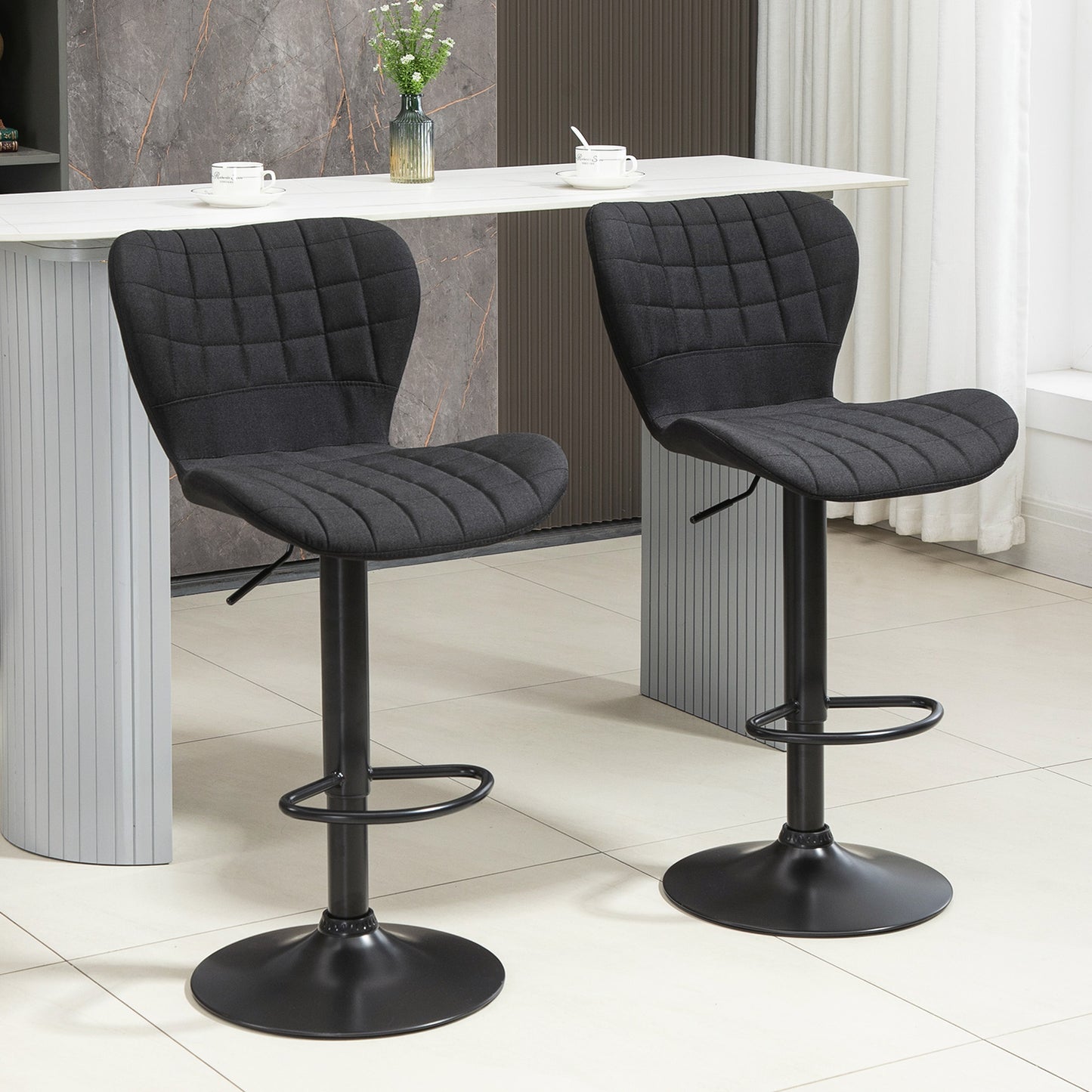 Bar Stools Set of 2 Adjustable Height Swivel Bar Chairs in Linen Fabric with Backrest & Footrest, Black