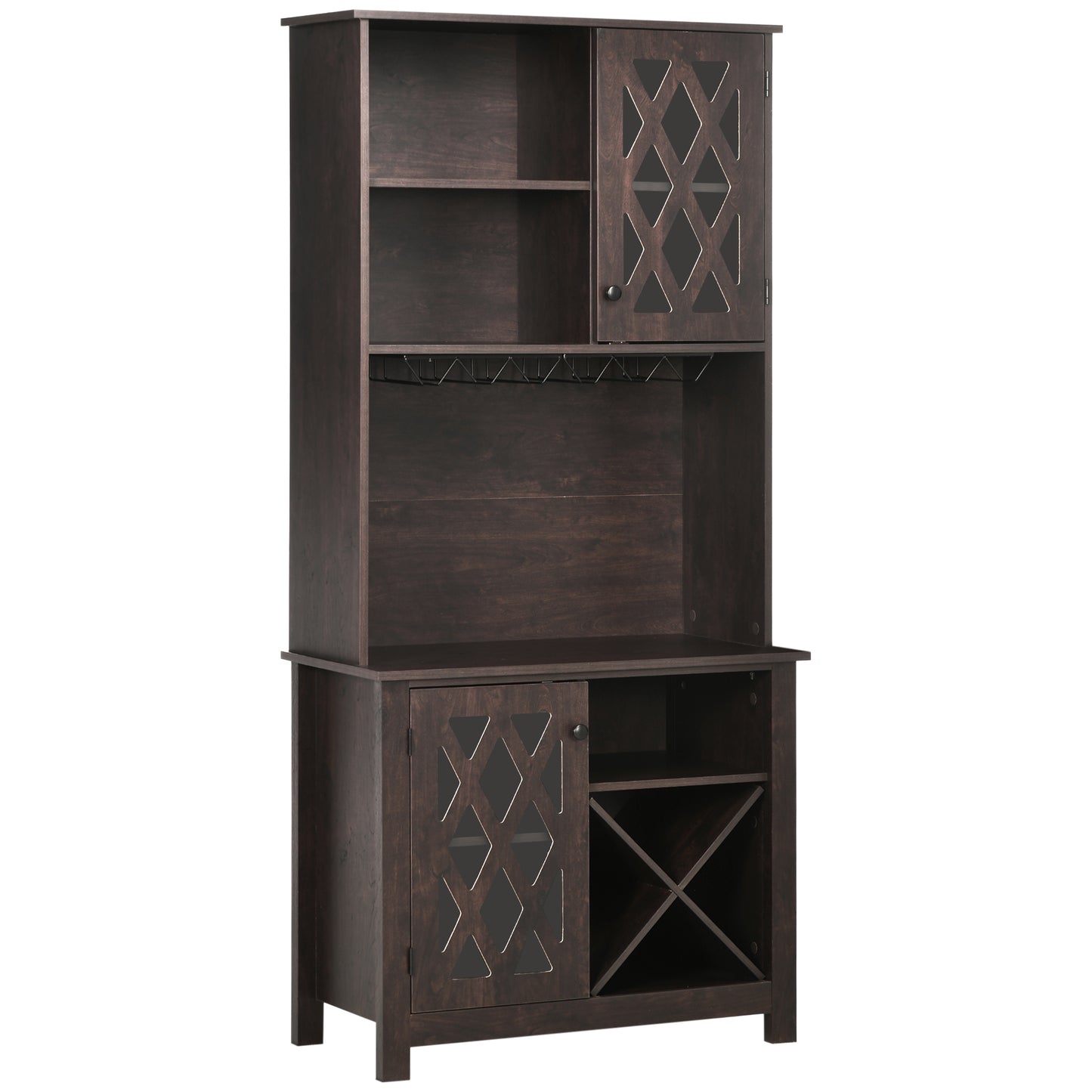 72" Kitchen Pantry, Buffet with Hutch, Cupboard for Microwave, 2 Door Cabinets, Wine Glasses Rack, Wine Rack, Brown