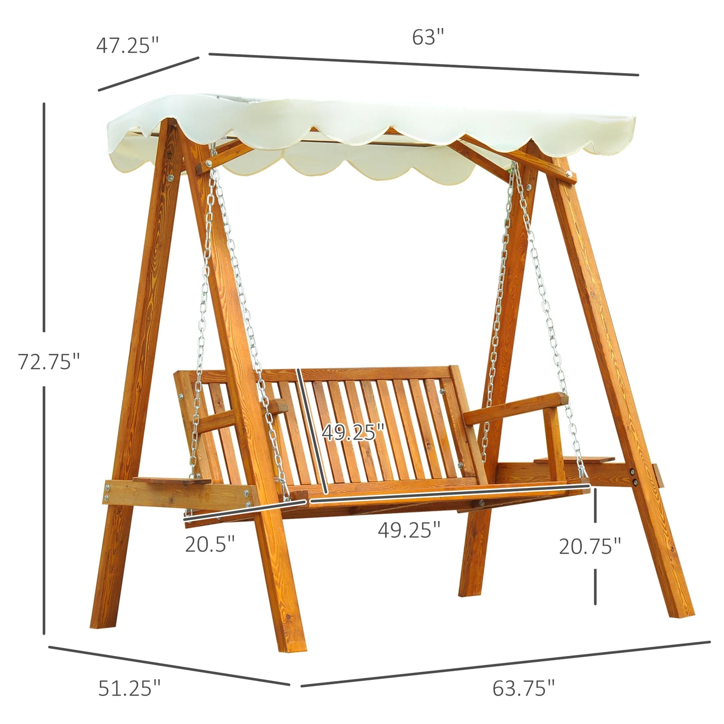 Outsunny 65" Patio Swing Chair with Canopy Outdoor Wooden Swing Bench Hammock for Garden, Poolside, Backyard