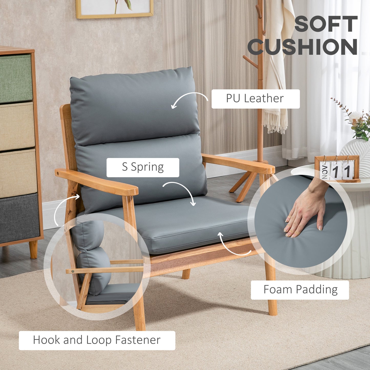 Armchair with Removable Seat and Back Cushion for Bedroom Living Room Chair with Faux Leather and Wood Legs Grey