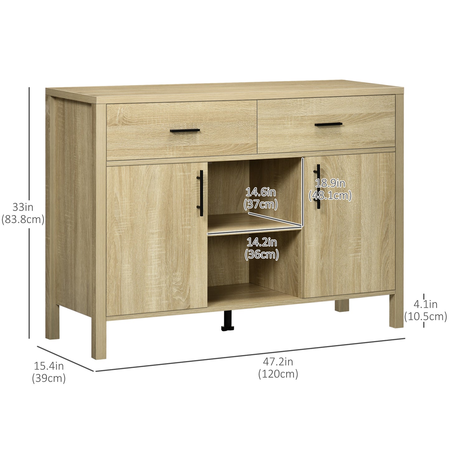 Buffet Table Sideboard and Buffet with 2 Drawers 2 Door Cupboards 2 Open Shelves for Living Room