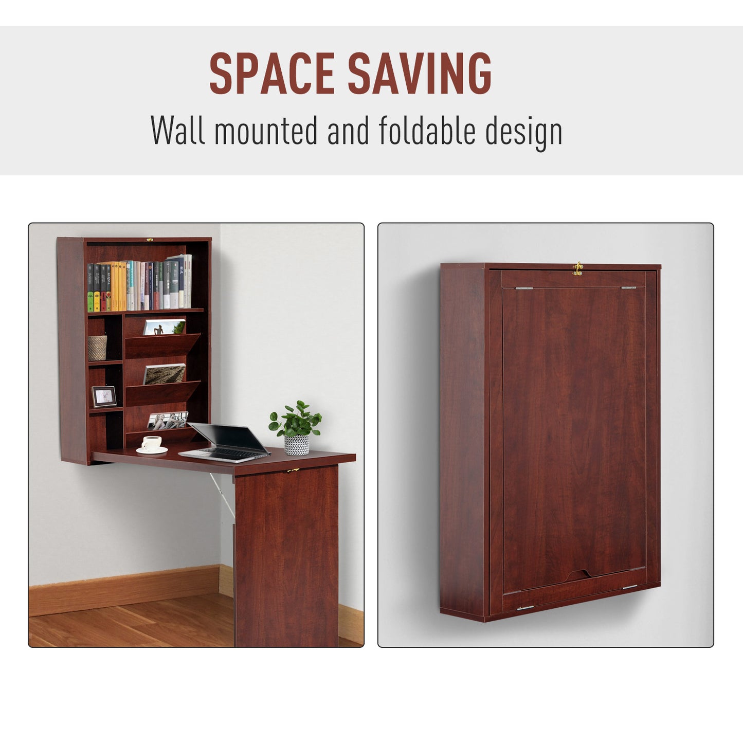 Wall Mounted Desk Fold out Convertible Table Shelf Office Mahogany