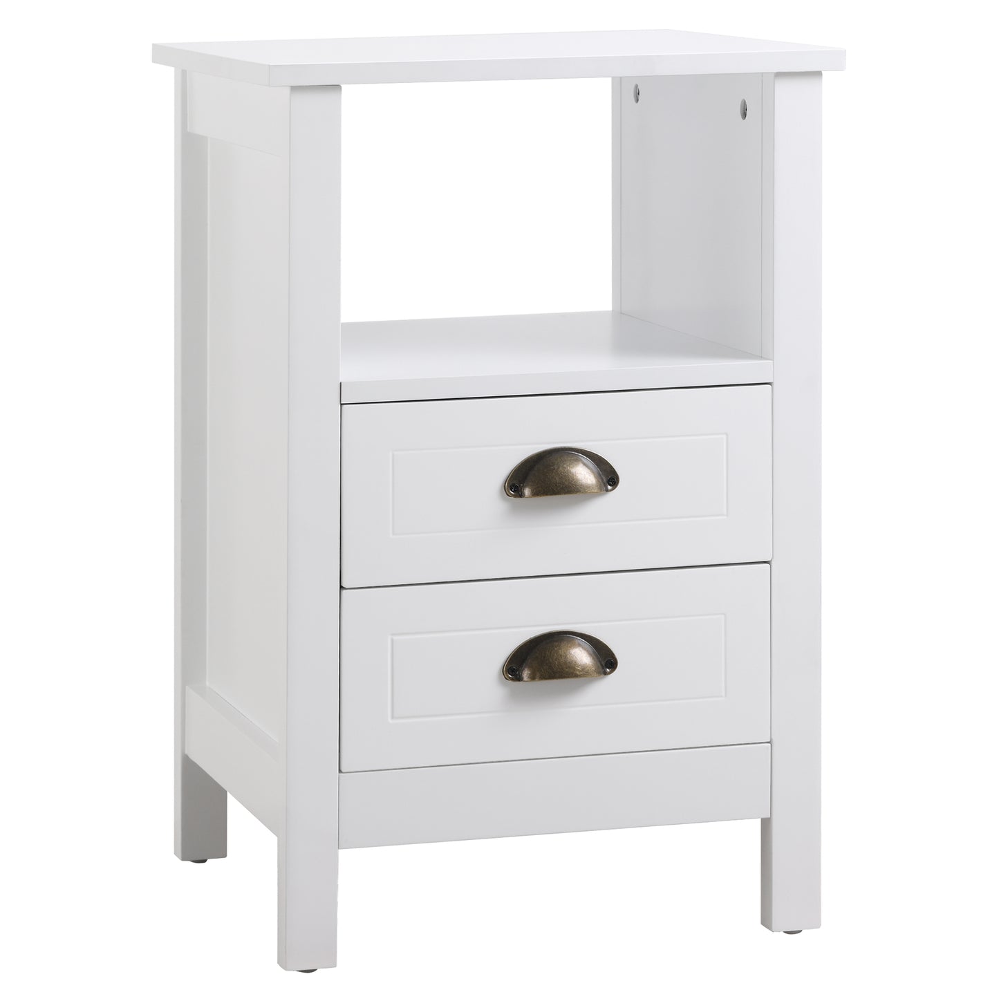 Modern End Table with 2 Drawers and Storage Shelf, Accent Sofa Side Table for Living Room, White