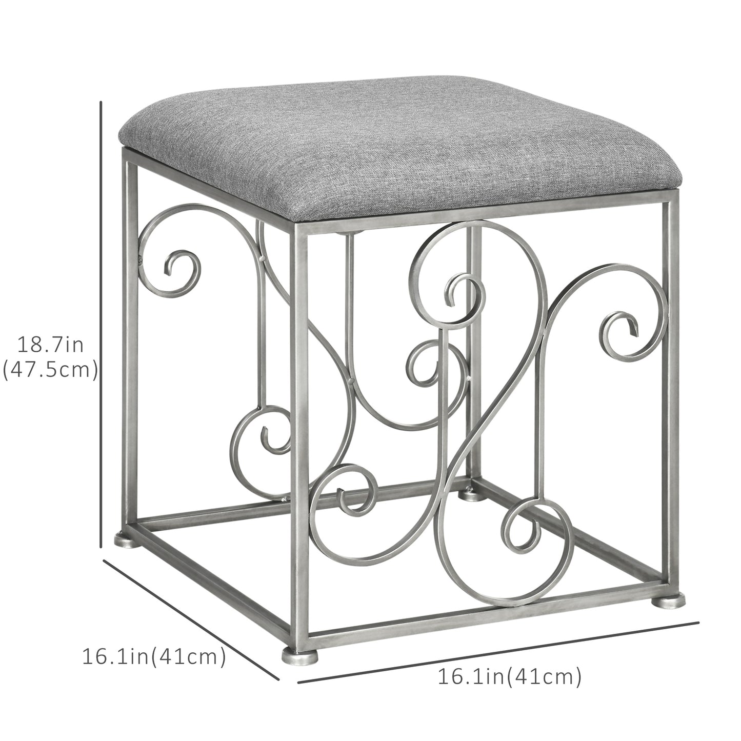 Vintage Foot Stool, French Ottoman with Linen Touch Fabric Upholstered Seat and Steel Base, Vanity Stool for Bedroom, Living Room, Grey