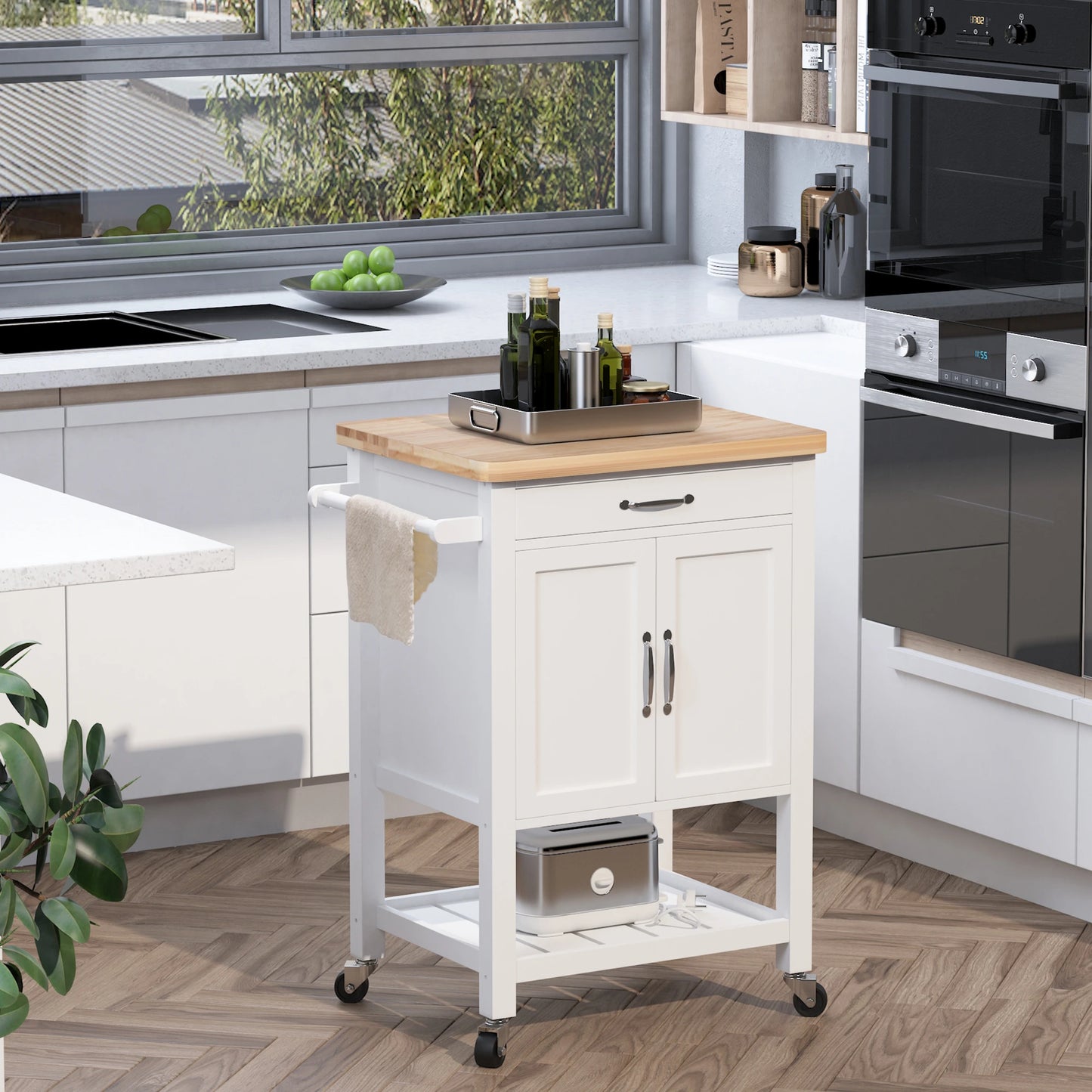 Kitchen Storage Cabinet Trolley Serving Cart Rubber Wood top Rolling Kitchen Island with Towel Rack and Drawer White