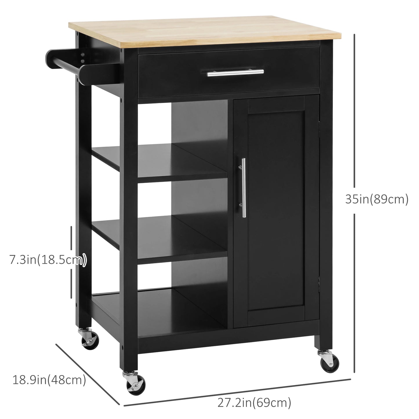 Kitchen Island, Compact Kitchen Cart on Wheels with Open Shelf & Storage Drawer for Dining Room, Kitchen, Black
