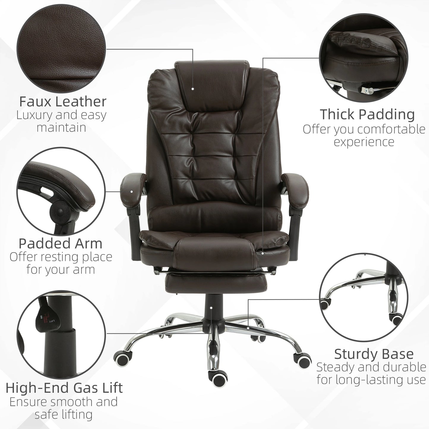 Ergonomic Executive Office Chair High Back PU Leather Reclining Chair with Retractable Footrest Lumbar Support Padded Headrest Armrest Dark Brown