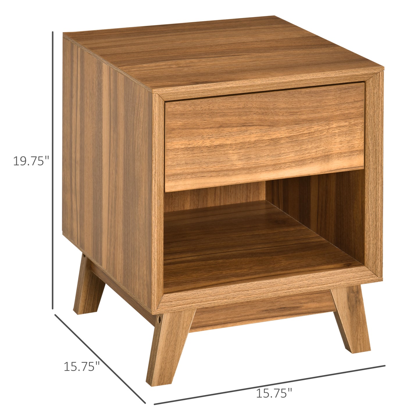 Modern Nightstand, Living Room End Table with Drawer and Shelf, Walnut Brown