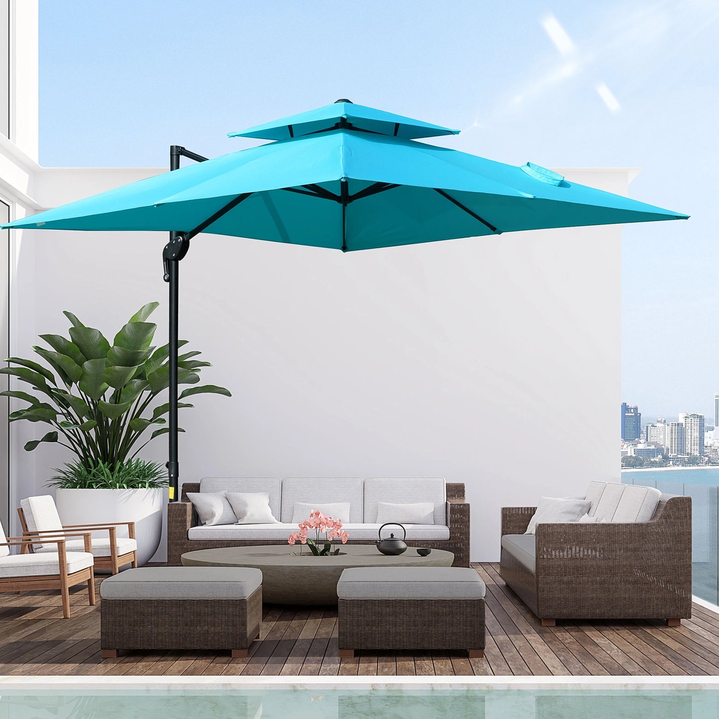 Outsunny 10' x 10' Patio Umbrella Outdoor Square Cantilever Offset Umbrella Aluminum with 360° Rotation, 5 Adjustable Tilt Angles and Umbrella Cover, Light Blue