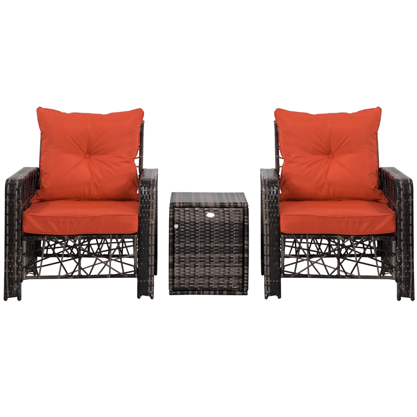 Outsunny 3 PCS Patio Wicker Coffee Table Set Bistro Conversation Furniture with Cushion & Storage Function Patio Yard Porch Red