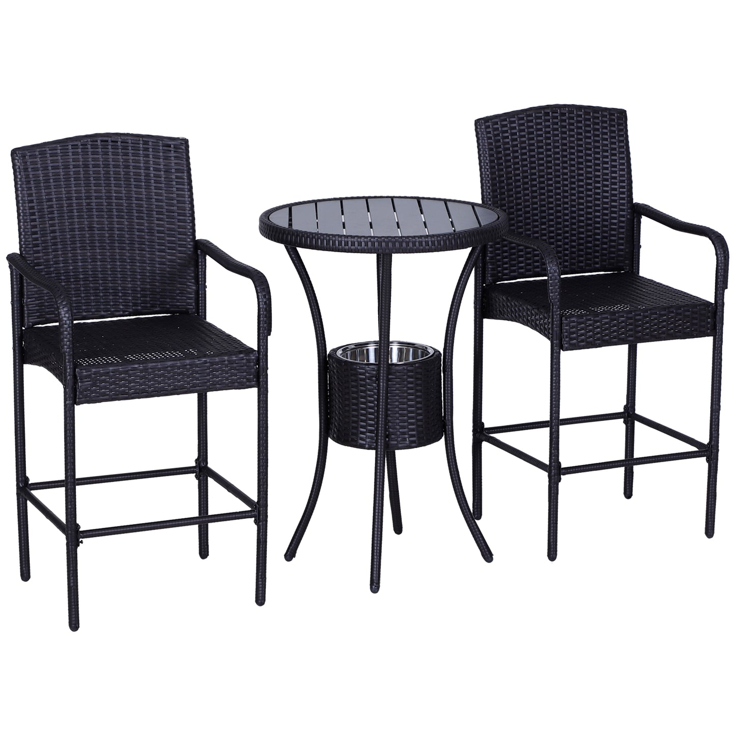 Outsunny 3 Pieces Patio Bar Set Rattan Bistro Table and High Chairs Garden Wicker Outdoor Conversation Furniture w/Ice Bucket Chat Set, Brown