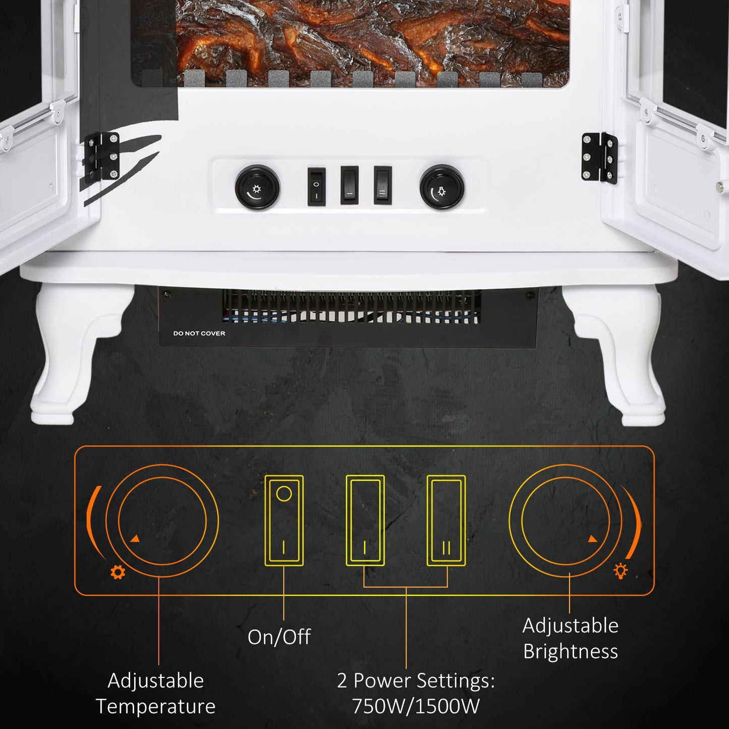 Electric Fireplace Stove Heater with LED Fire Flame Effect, Double Door, Freestanding & Portable with Overheat Protection, 750W/1500W, White