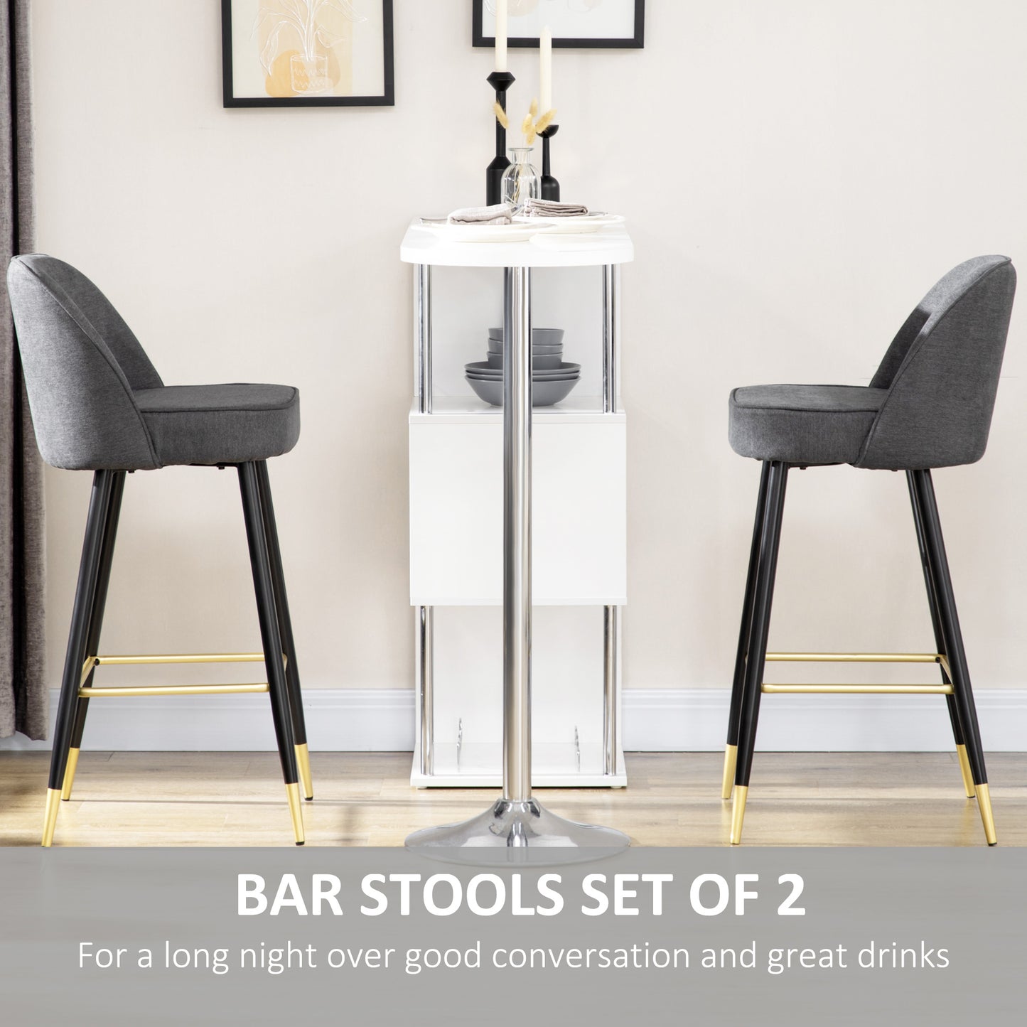 Set of 2 Mid-Back Upholstered Fabric Barstools, Kitchen Stools, Fabric Bar Chairs with Gold-Capped Steel Legs, Backrest and Footrest, Grey