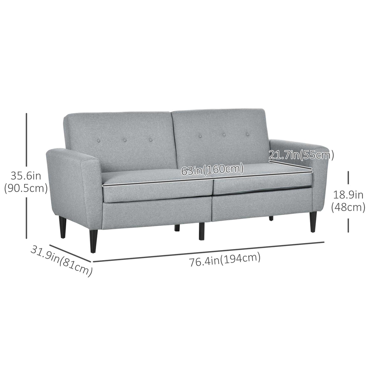 3 Seater Sofa, Upholstered Small Couch for Bedroom, Modern Futon Sofa Settee with Padded Cushion, Button Tufting and Wood Legs for Living Room, Gray