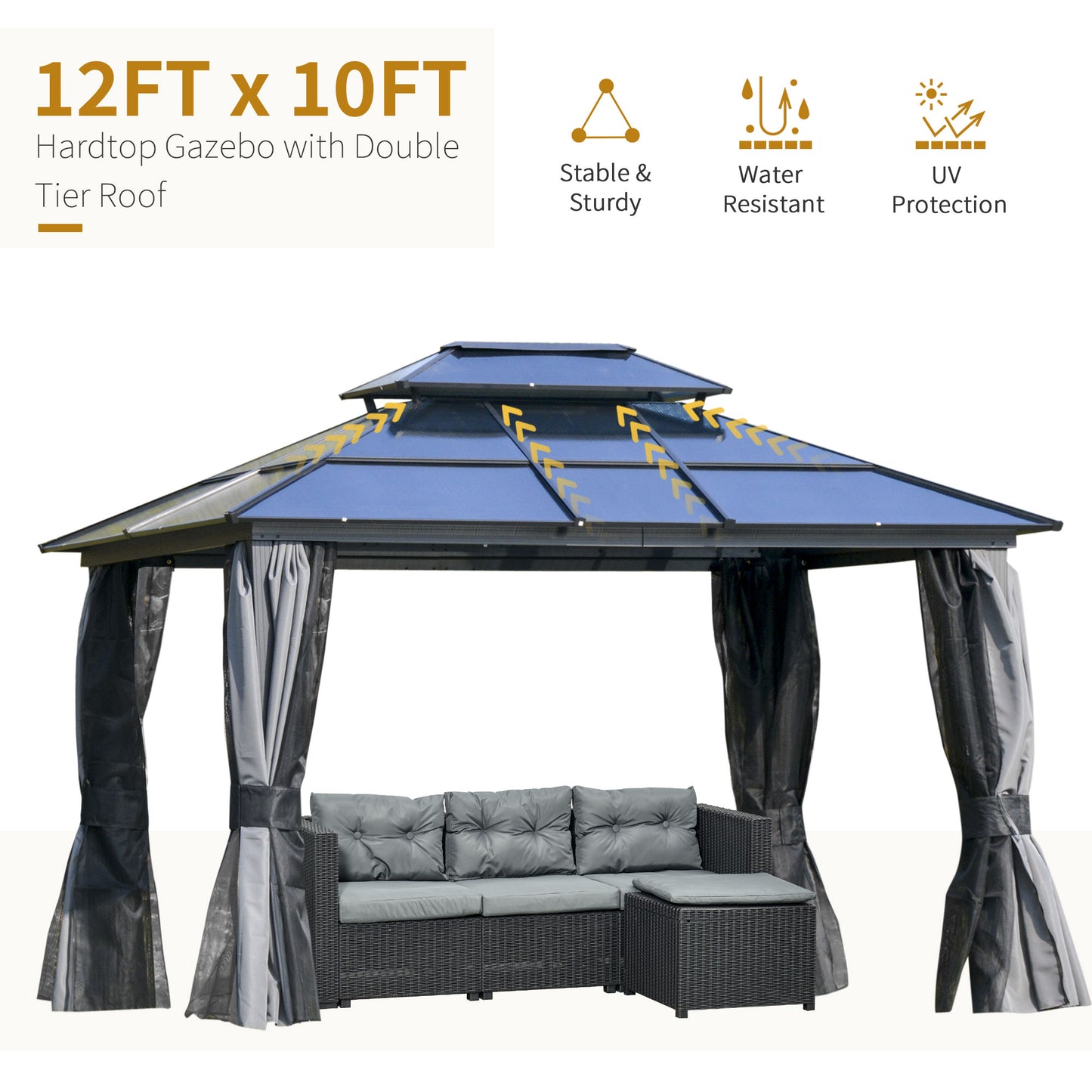 Outsunny 12' x 10' Polycarbonate Hardtop Gazebo Canopy Double Tier Roof Aluminum Frame, Black