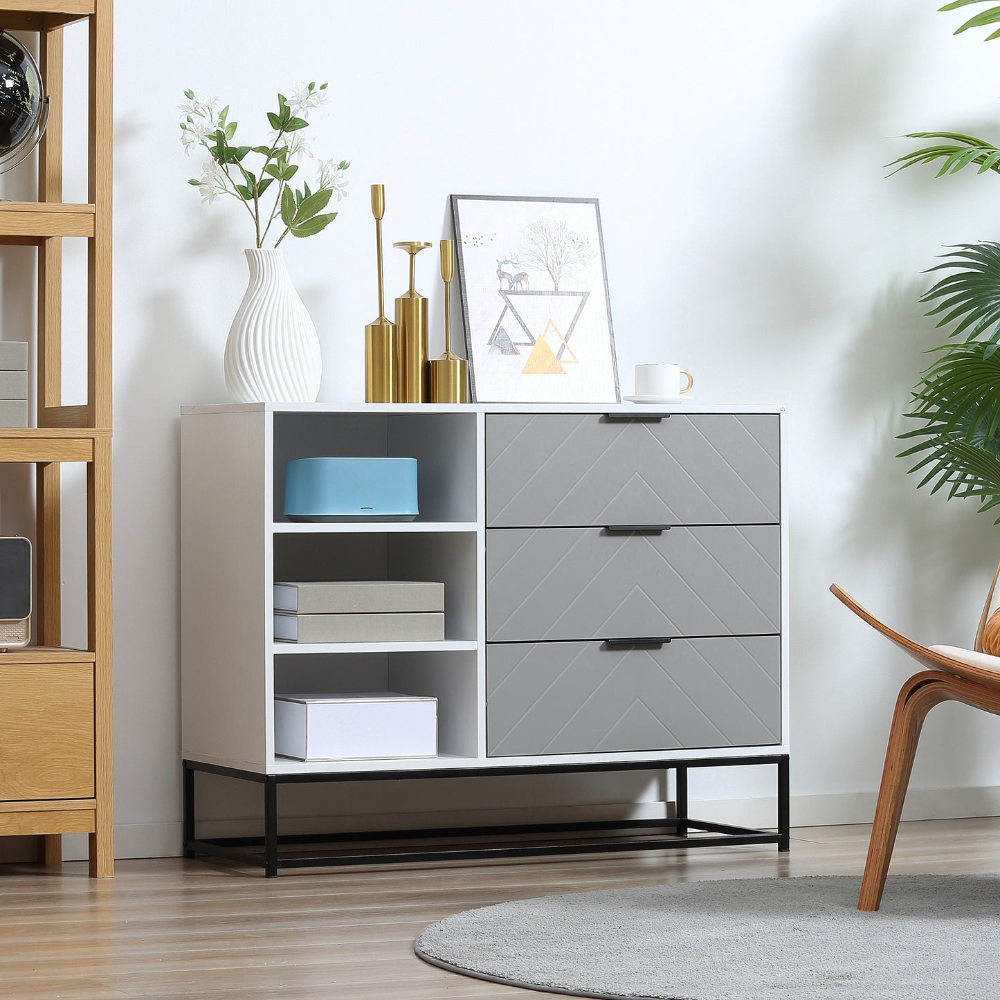 Modern Storage Cabinet, 3 Drawer Dresser with Chevron Pattern for Bedroom, Living Room, in Grey and White