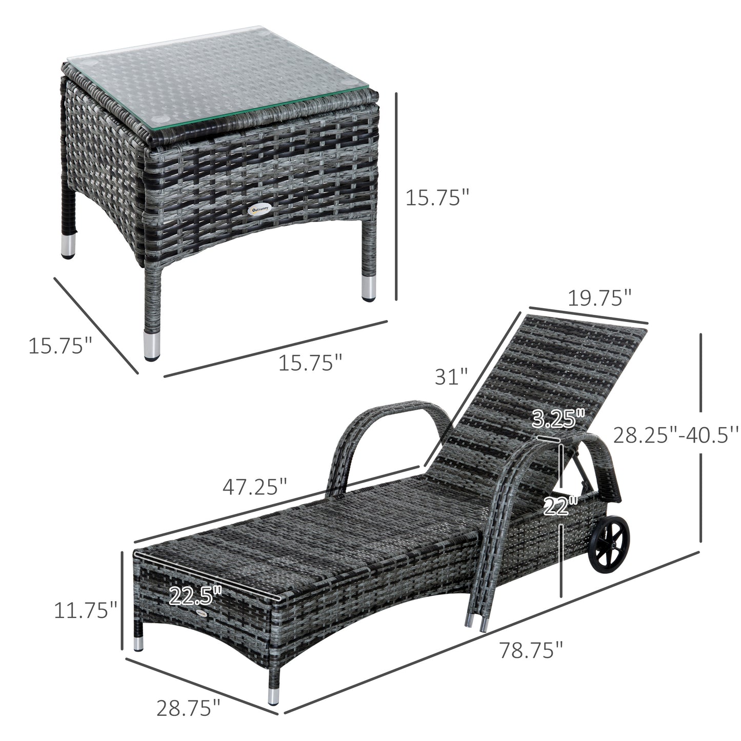 Outsunny 3 Pieces Patio Rattan Chaise Lounge Set, Outdoor PE Wicker Reclining Lounger Furniture Set, Adjustable Portable with Wheeled & Side Table, Grey