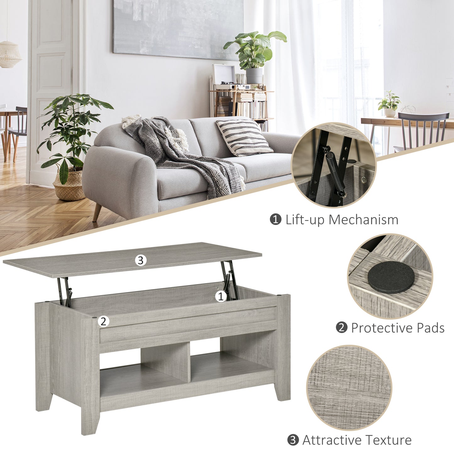 Coffee Table with Hidden Storage Compartment and Open Shelves, Lift Tabletop Pop-Up Center Table for Living Room, Light Grey