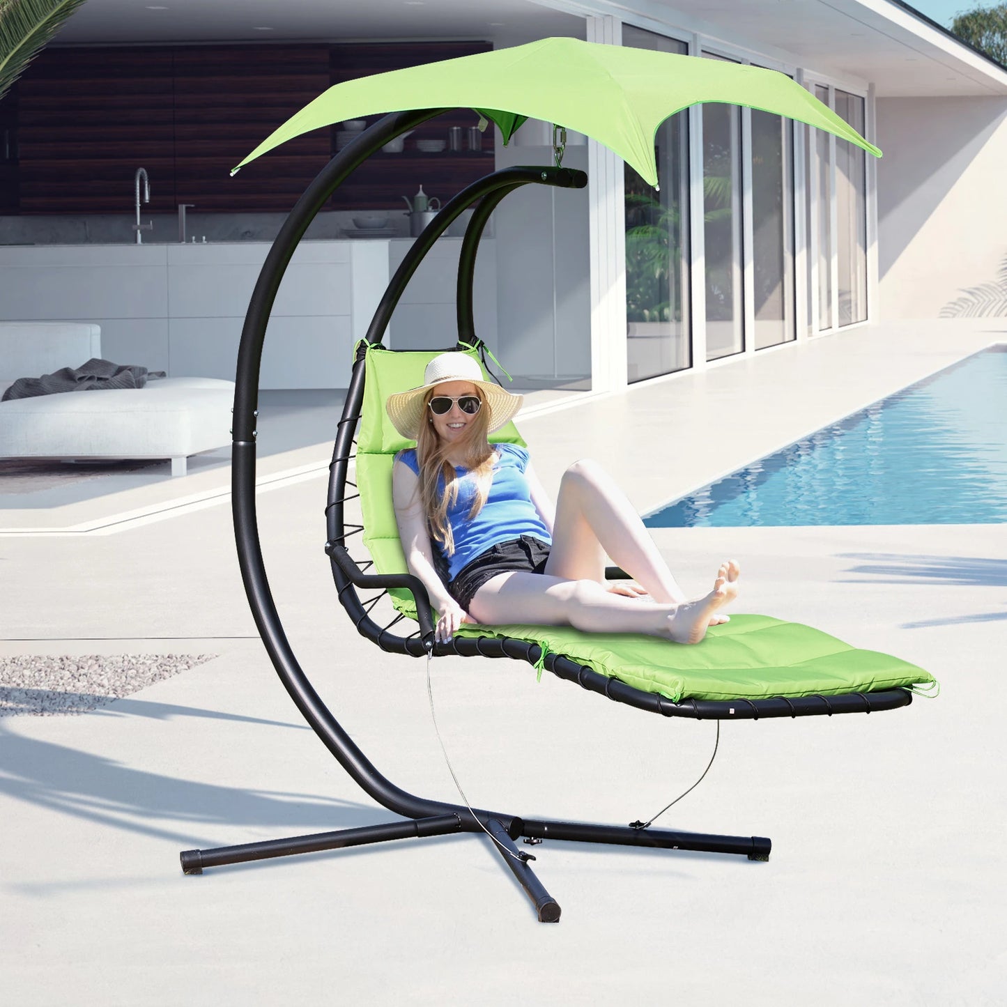 Outsunny Floating Chaise Lounge Outdoor Porch Swing Chair Hanging Hammock Reclining Seat w/ Arc Stand & Canopy Umbrella Green