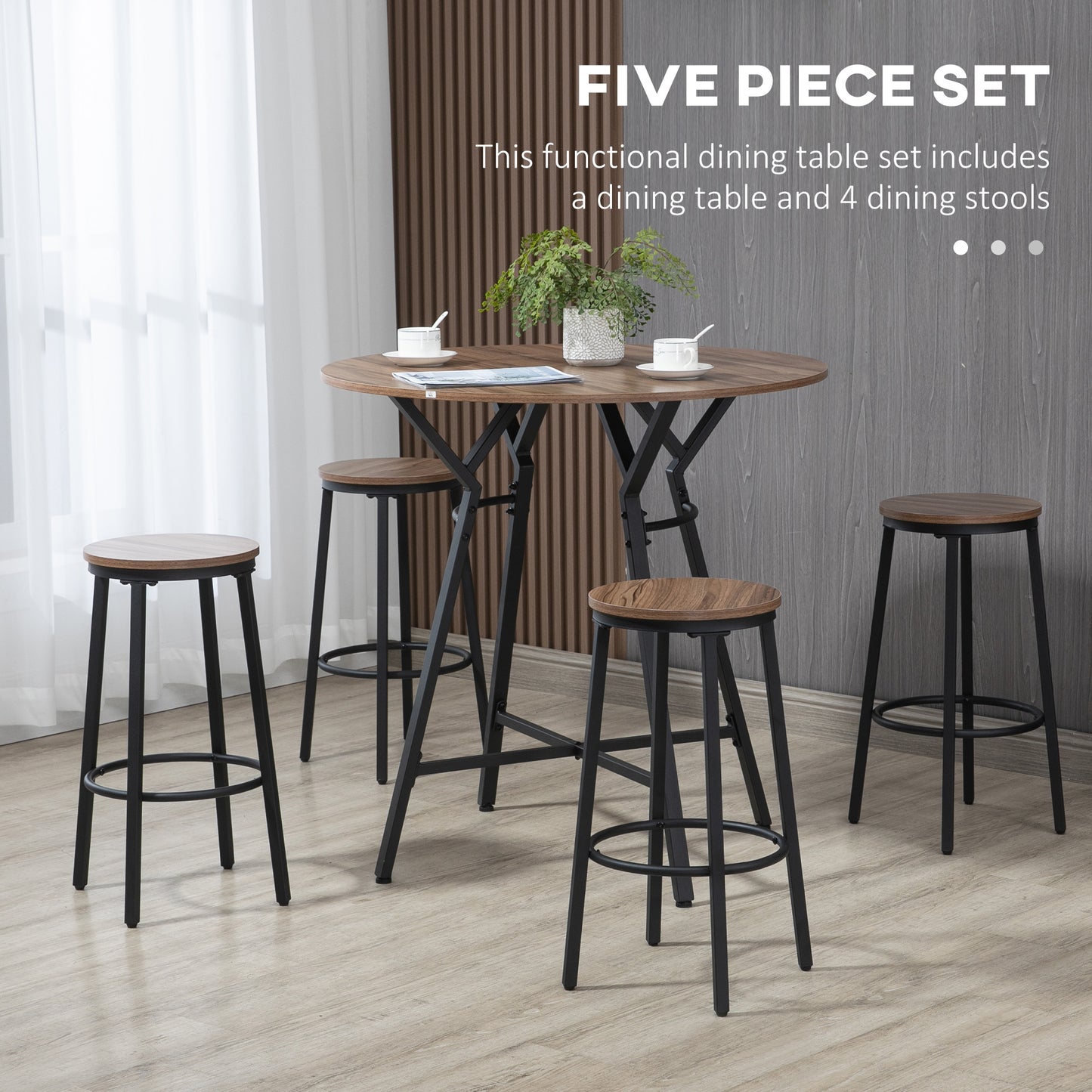 5-Piece Bar Table and Chairs Set, Space Saving Dining Table with 4 Stools for Pub & Kitchen