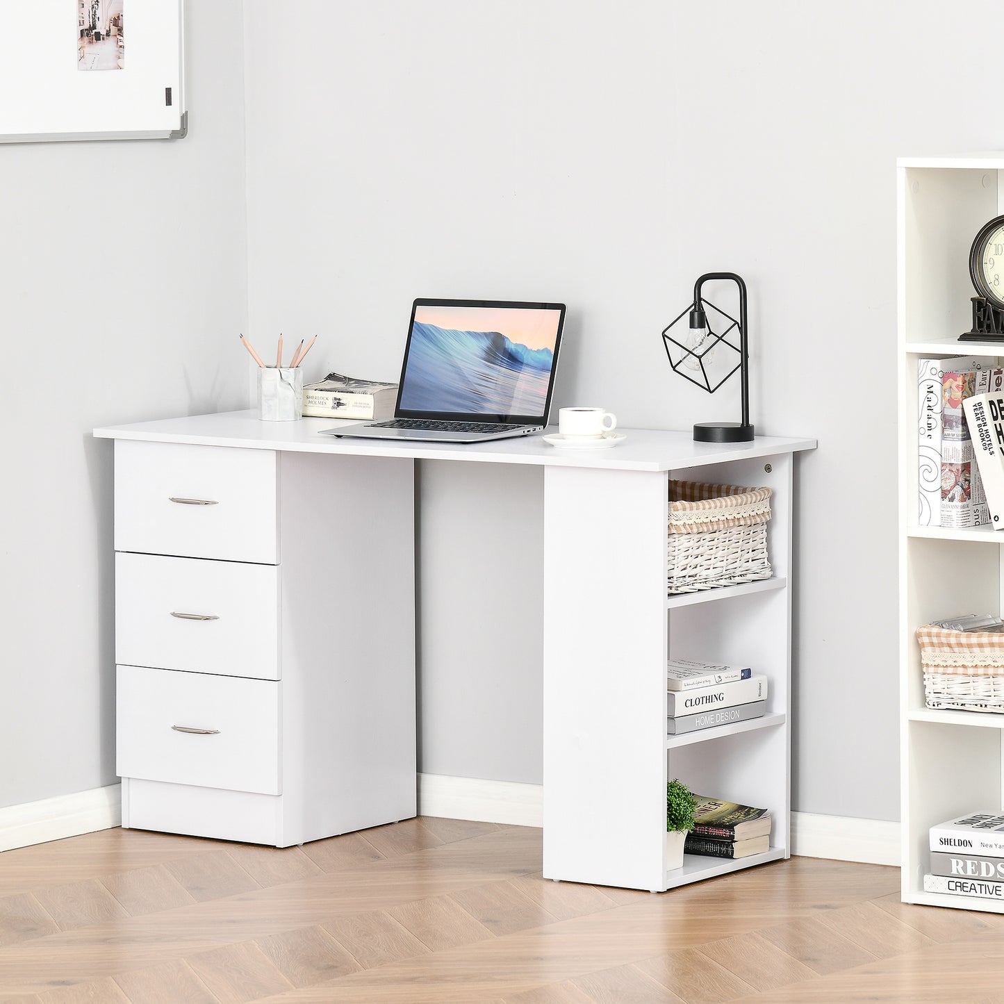 Computer Writing Desk Study Table Student Workstation w/ 3 Shelf & 3 Storage Drawers Home Office Furniture White