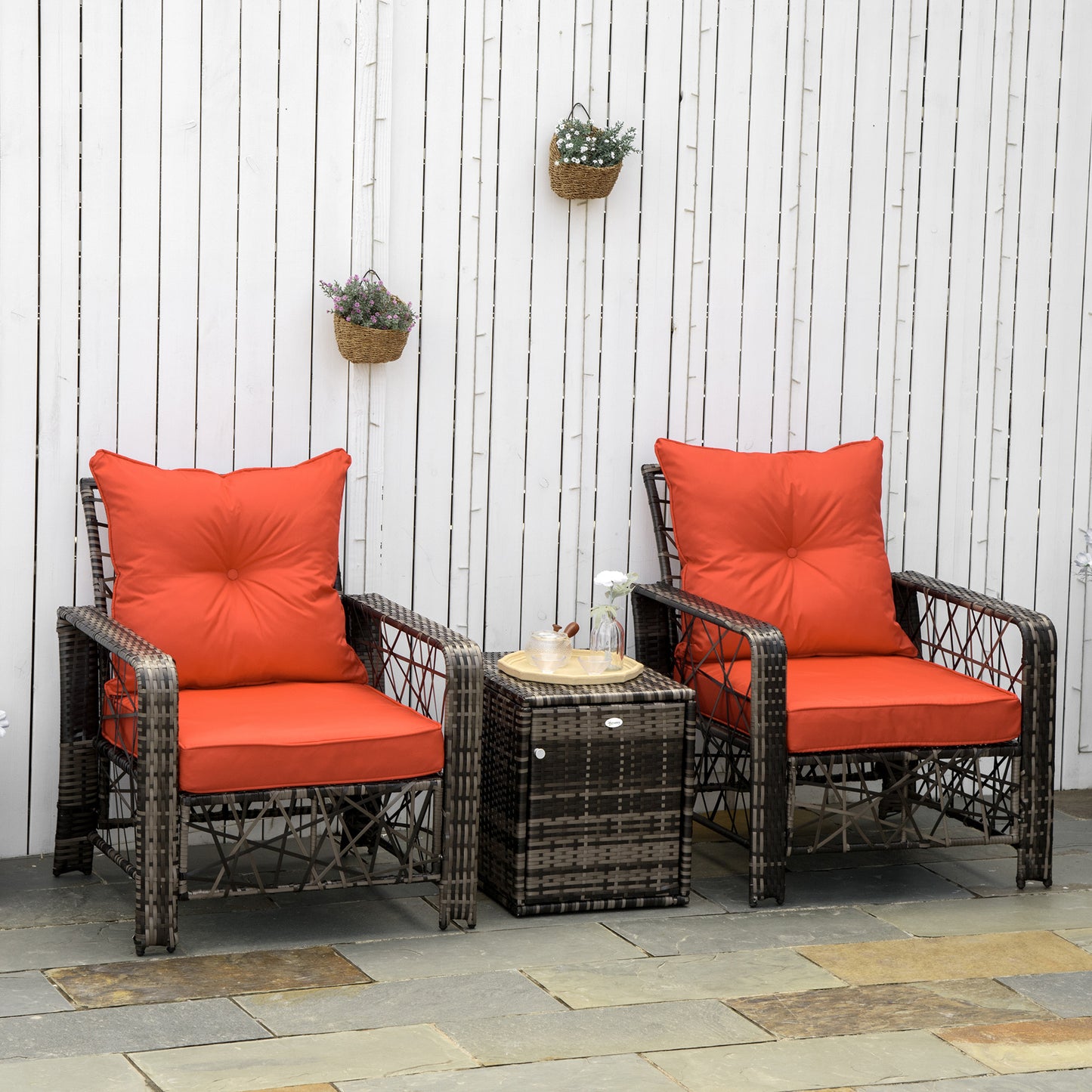 Outsunny 3 PCS Patio Wicker Coffee Table Set Bistro Conversation Furniture with Cushion & Storage Function Patio Yard Porch Red